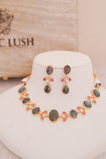 Natural Labrodrite Gemstone & Kundan Floral Necklace Set