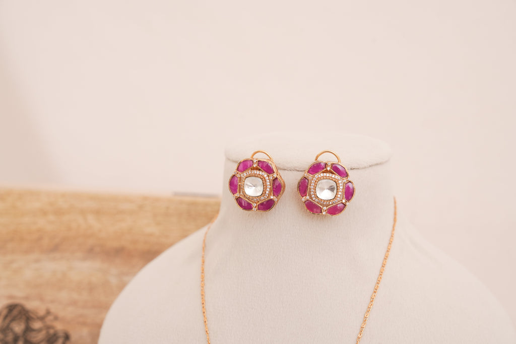 Pink Kundan Floral Pendant Set