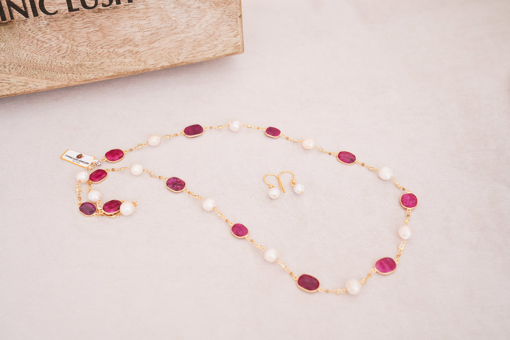 Corundum Ruby Pearl Necklace Set