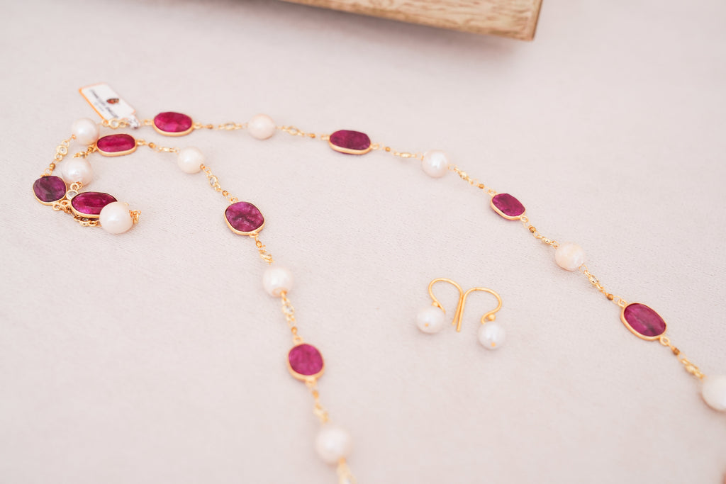 Corundum Ruby Pearl Necklace Set