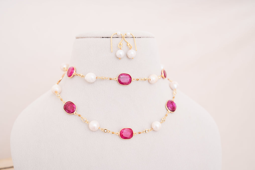 Corundum Ruby Pearl Necklace Set