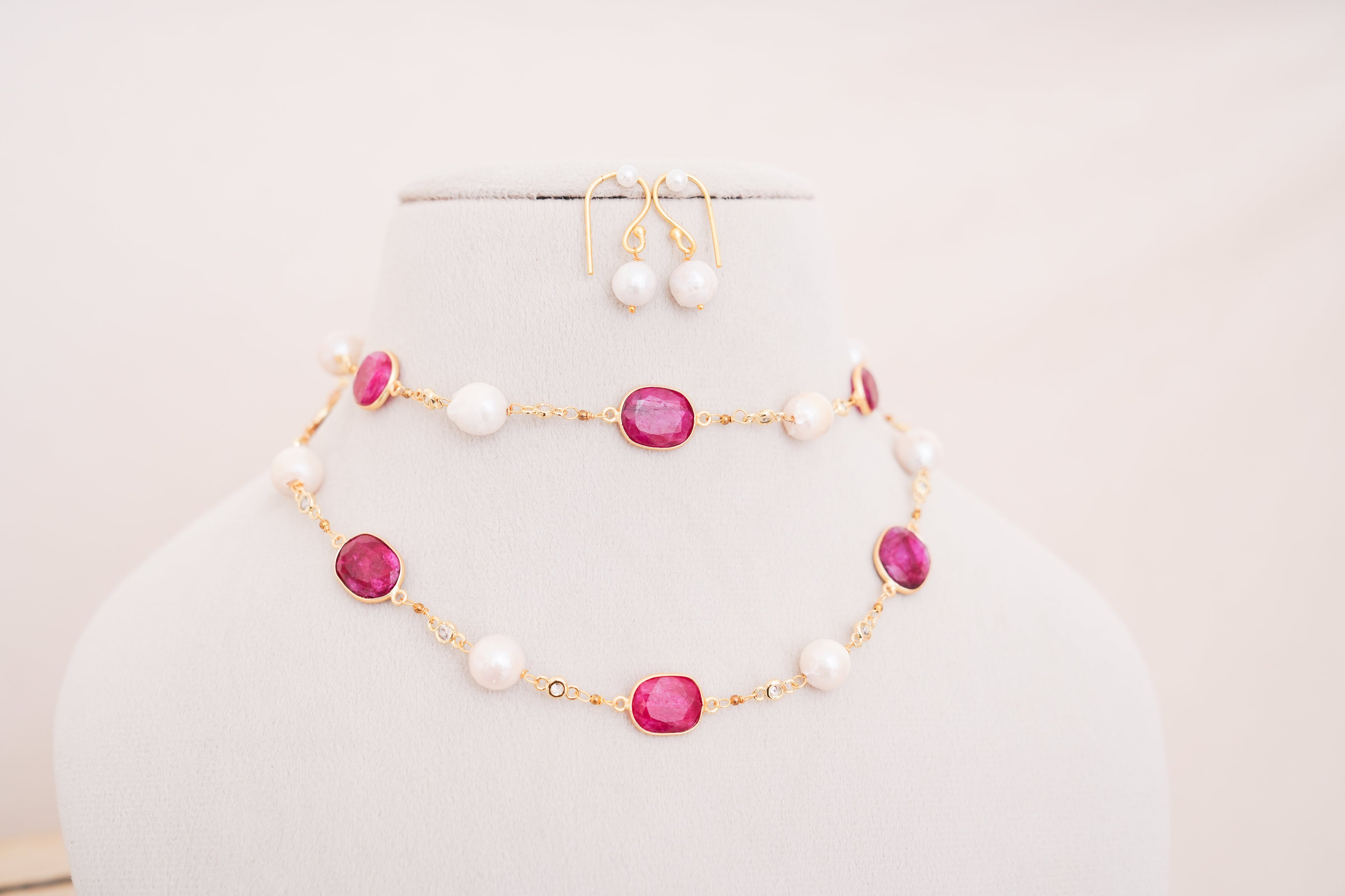 Corundum Ruby Pearl Necklace Set