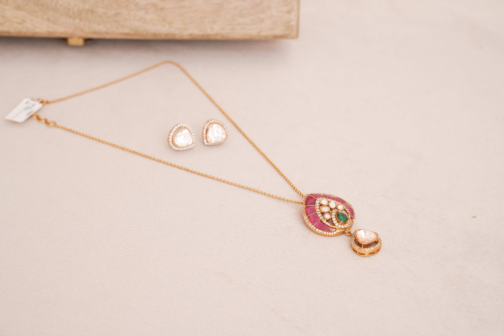 Ruby Polki Bloom Teardrop Pendant Set