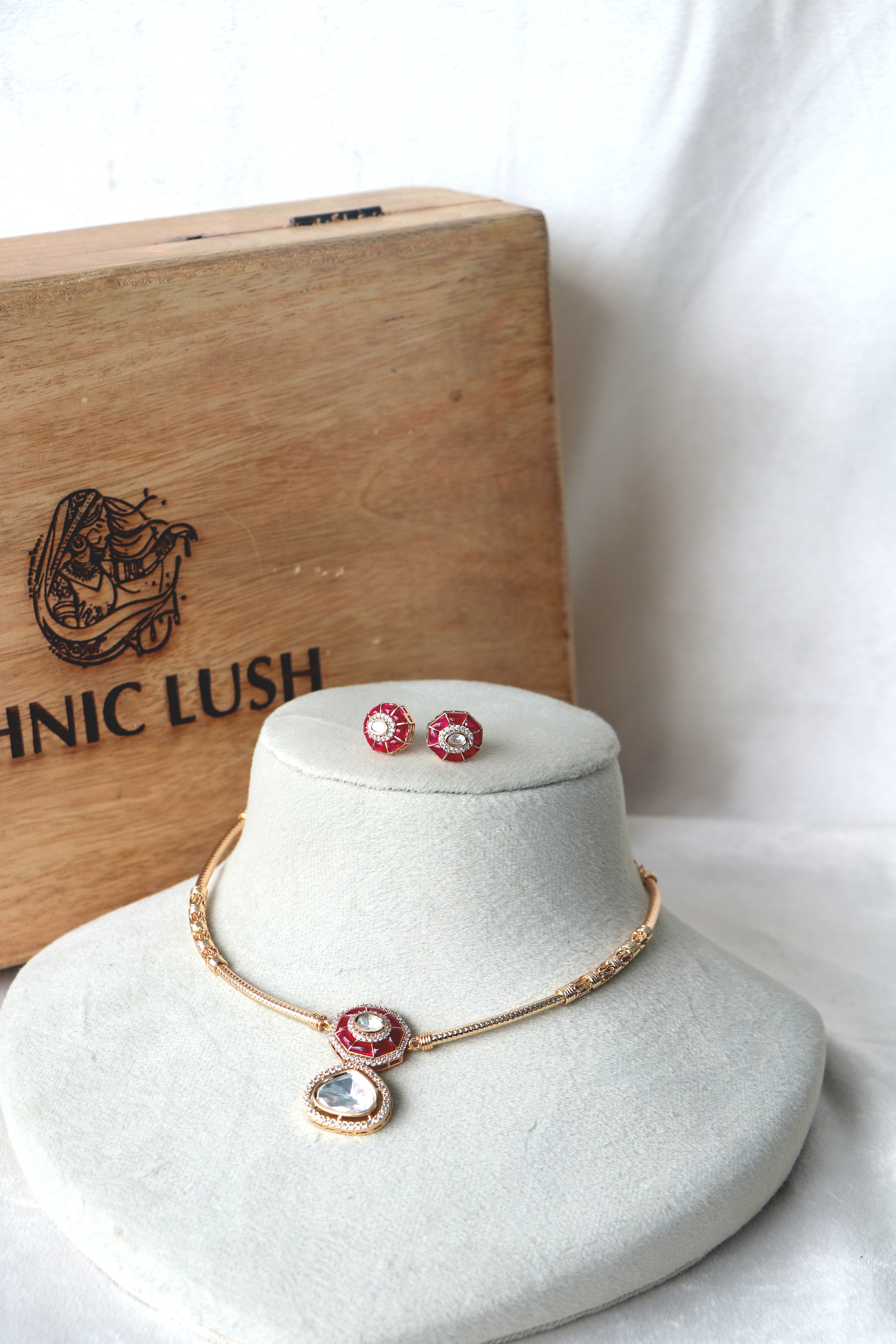 Ruby Moissanite  Pendant Hasli Necklace Set