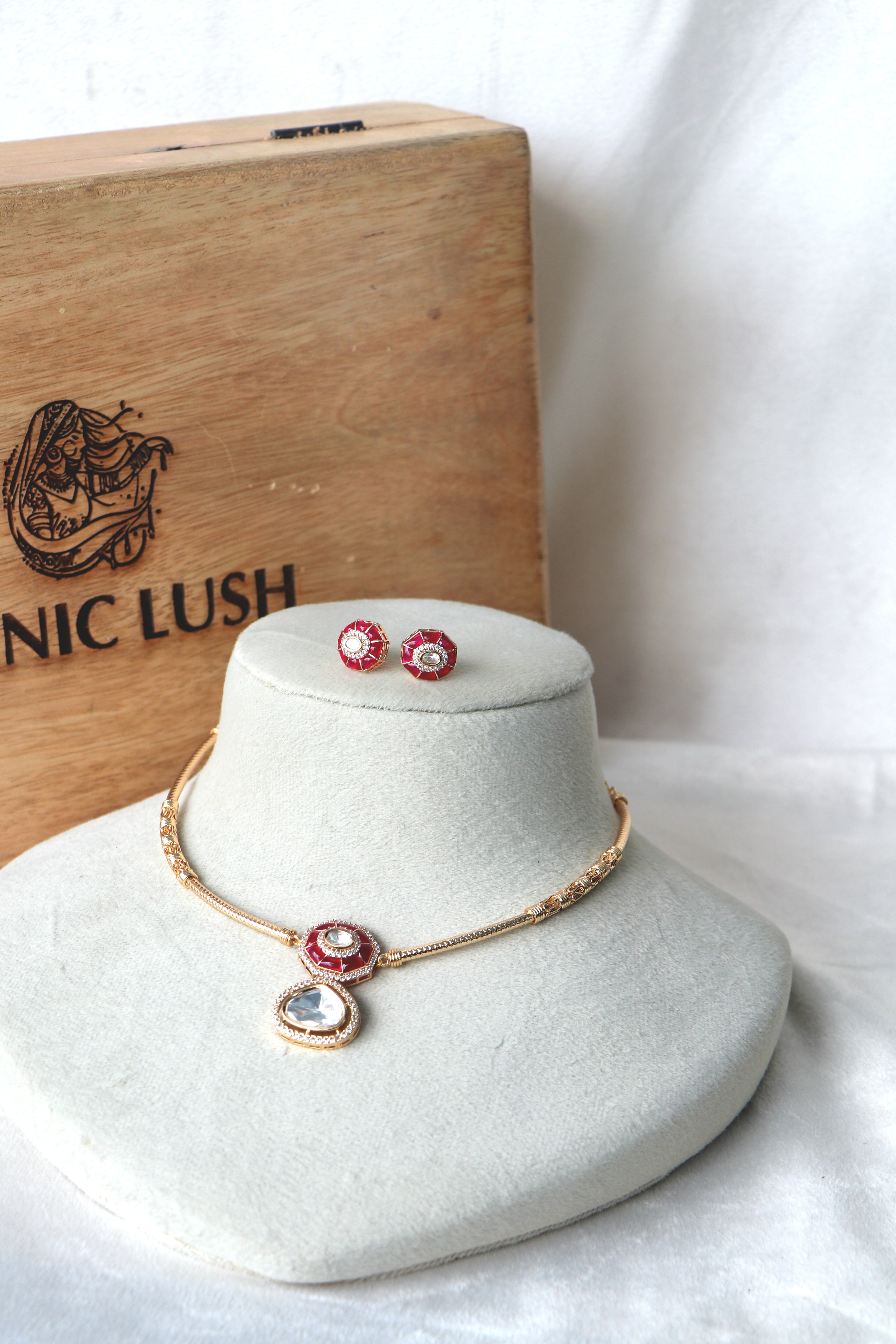 Ruby Moissanite  Pendant Hasli Necklace Set