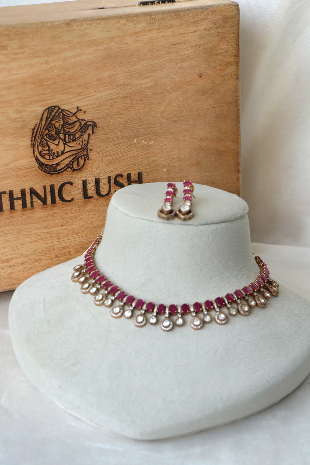 Ruby Moissanite Choker Necklace Earring Set