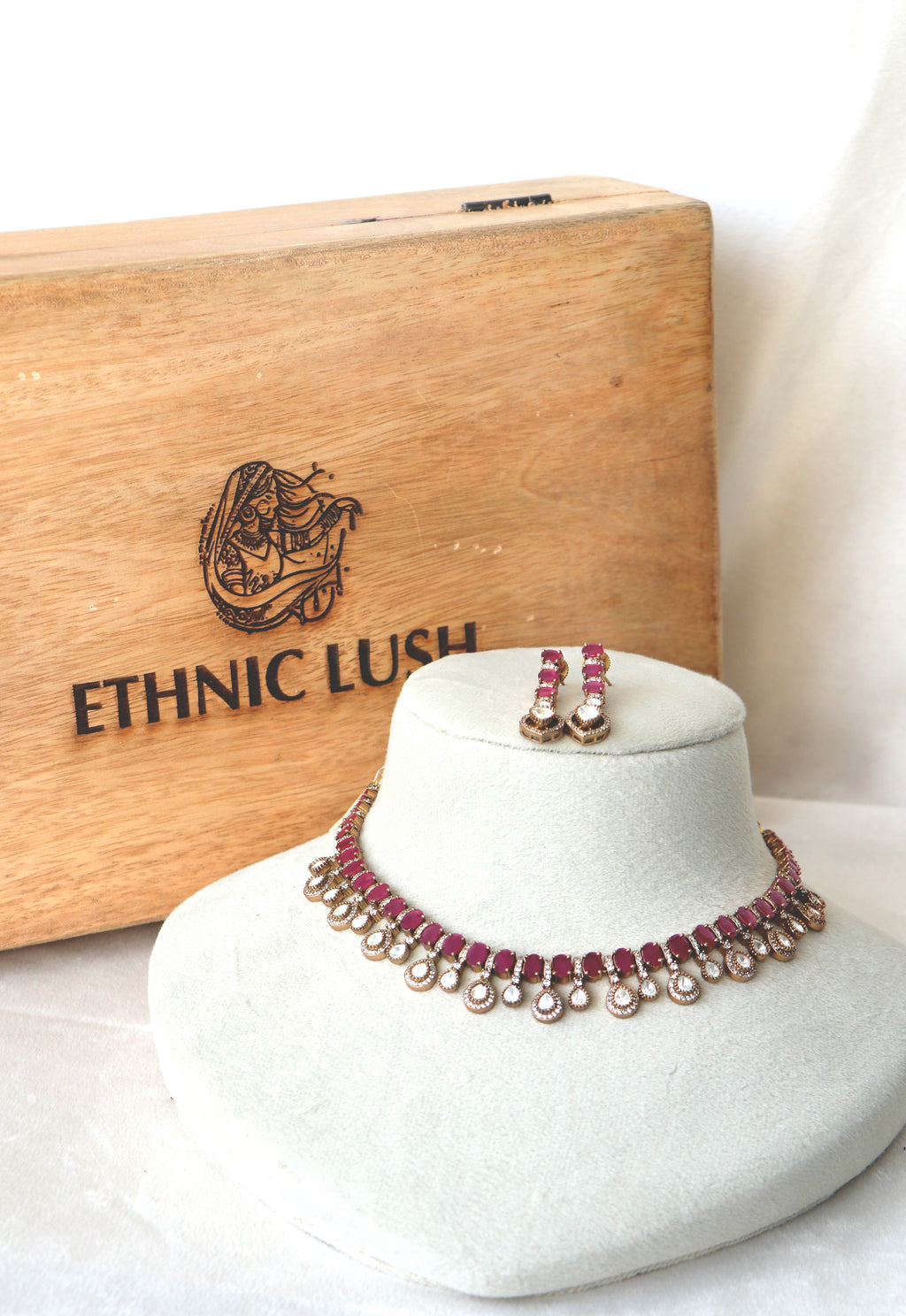 Ruby Moissanite Choker Necklace Earring Set
