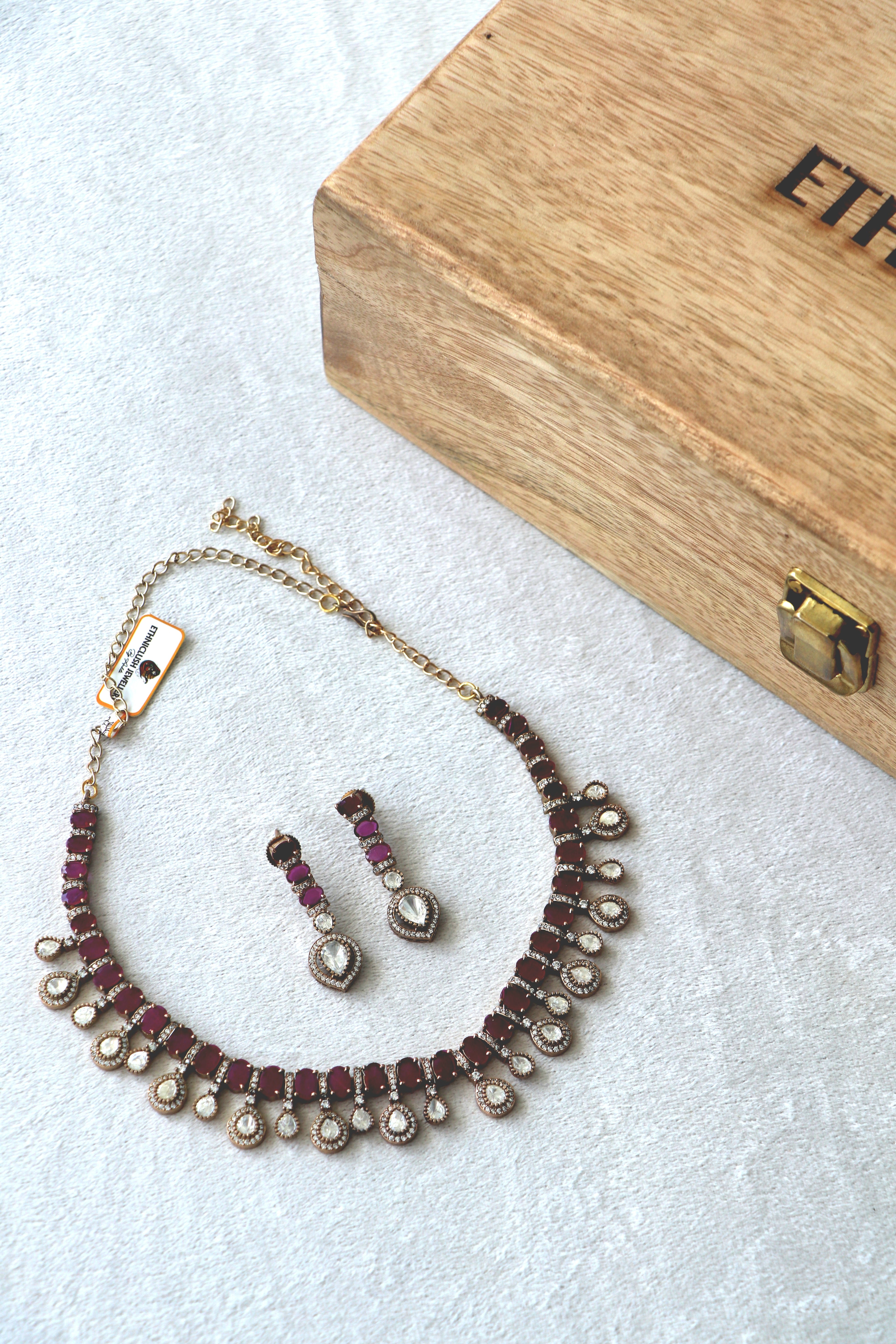 Ruby Moissanite Choker Necklace Earring Set