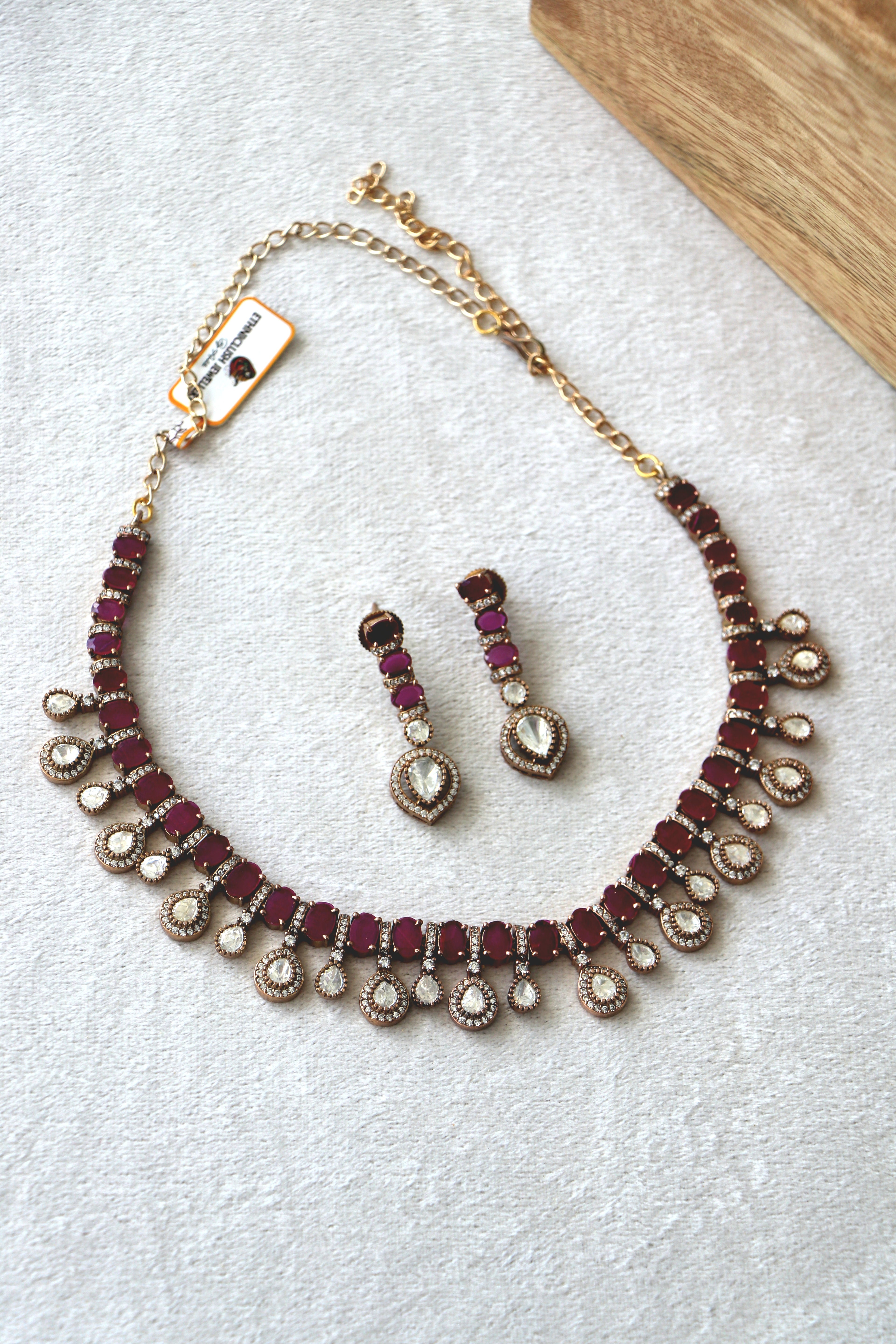 Ruby Moissanite Choker Necklace Earring Set