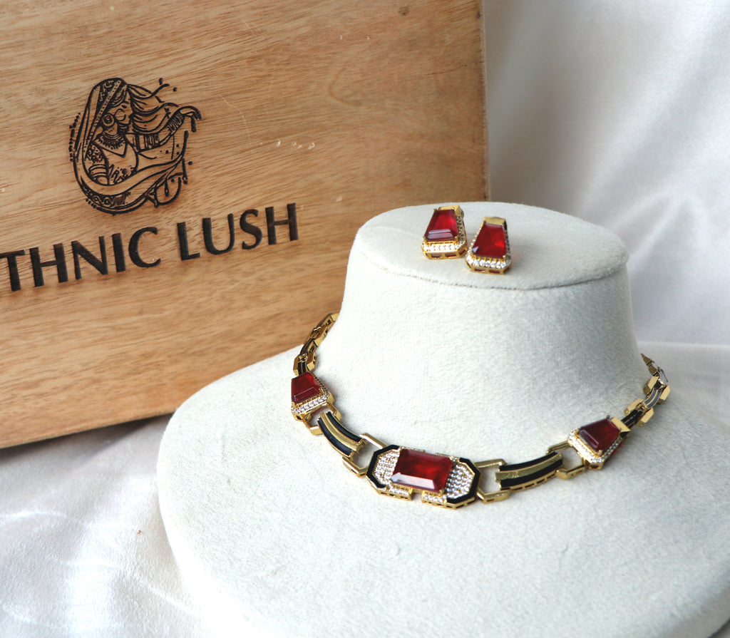 Doublet Red Stone Enamel Modern Necklace Earring Set