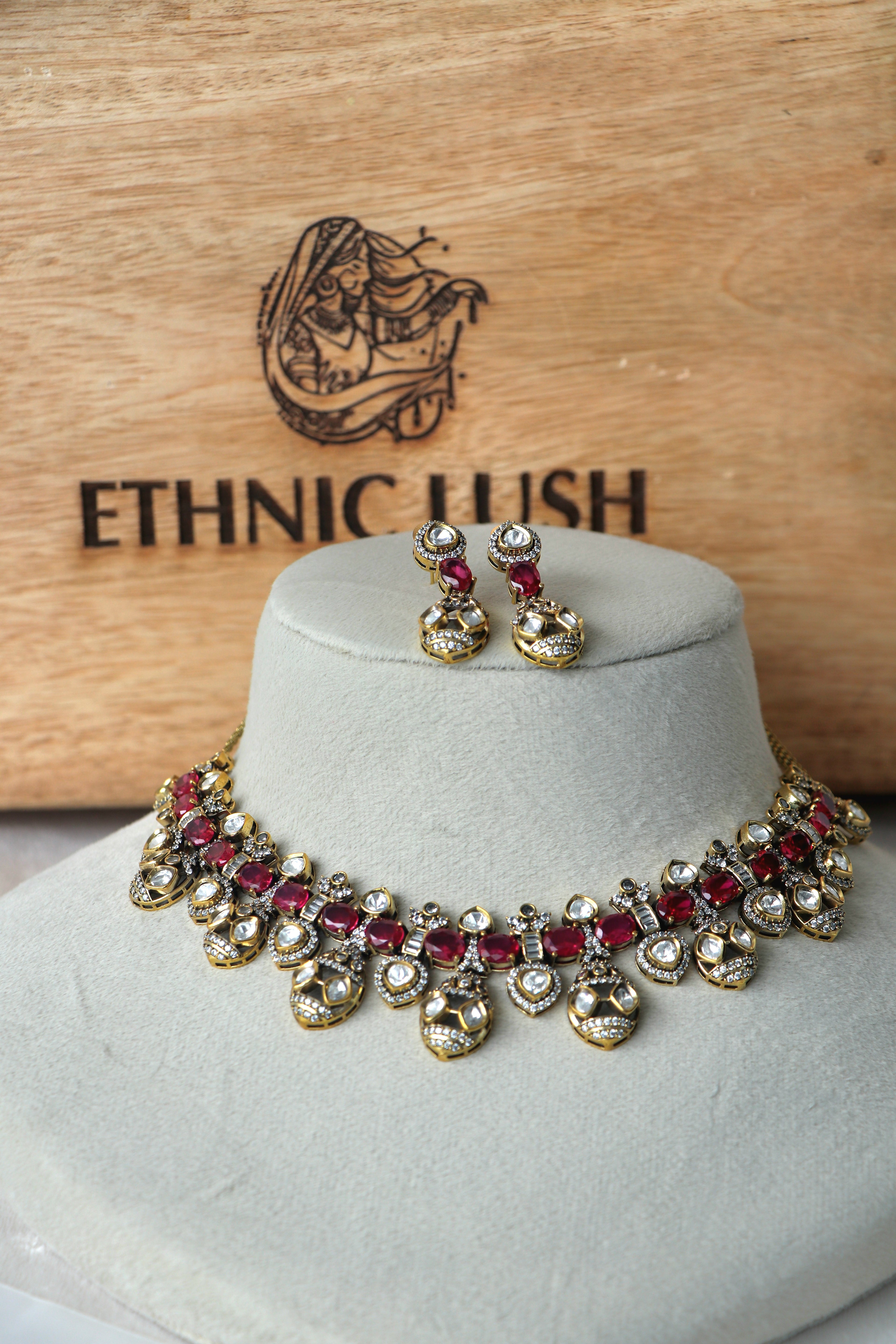 Ruby  Moissanite antique Necklace Earring Set