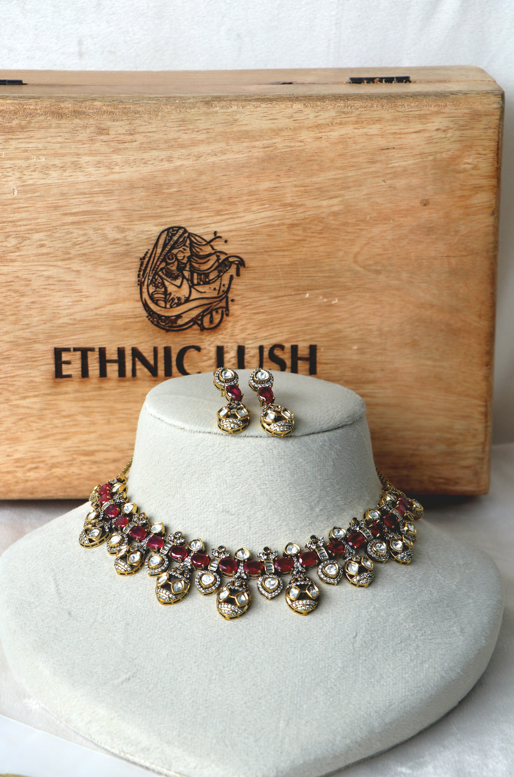 Ruby  Moissanite antique Necklace Earring Set