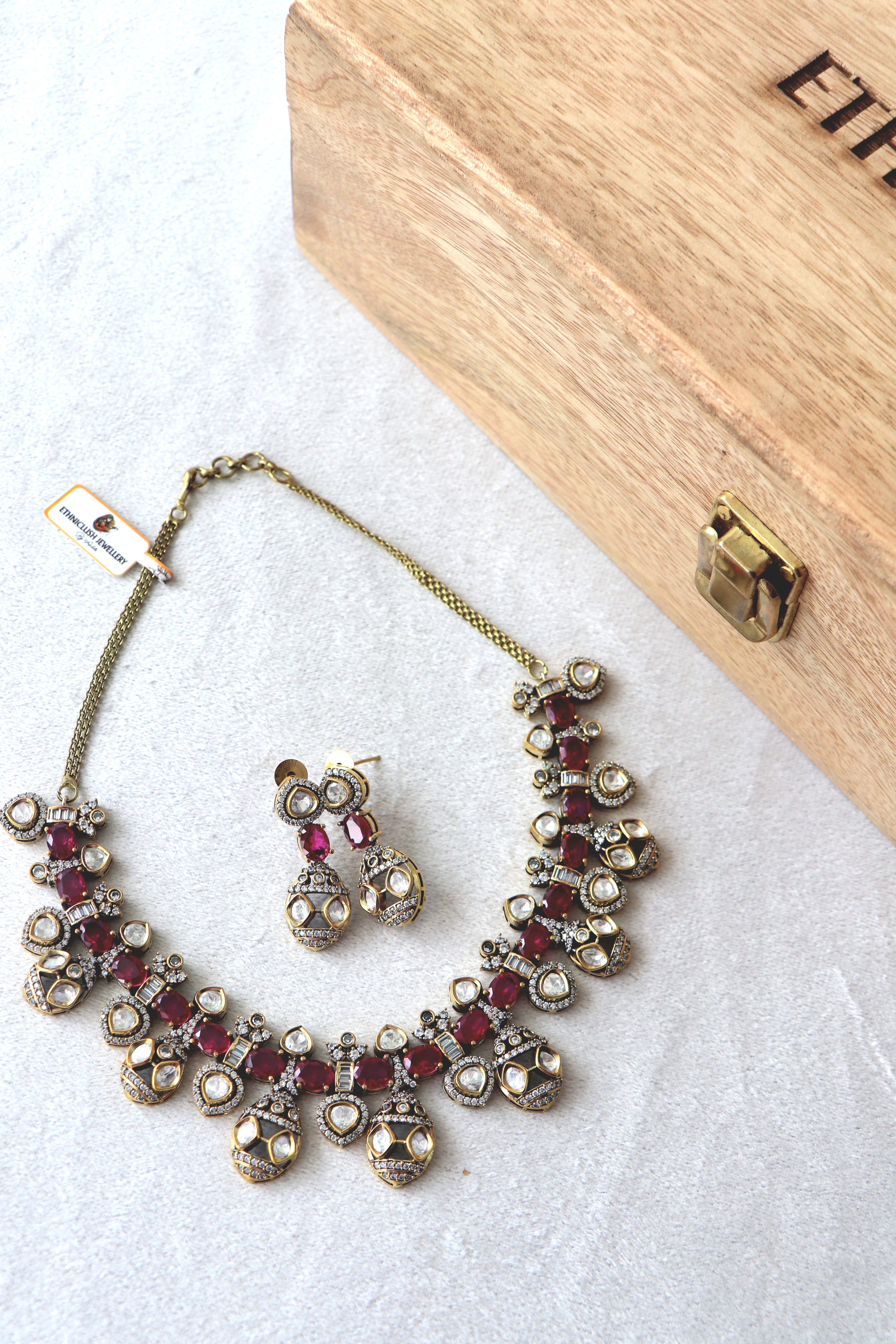 Ruby  Moissanite antique Necklace Earring Set