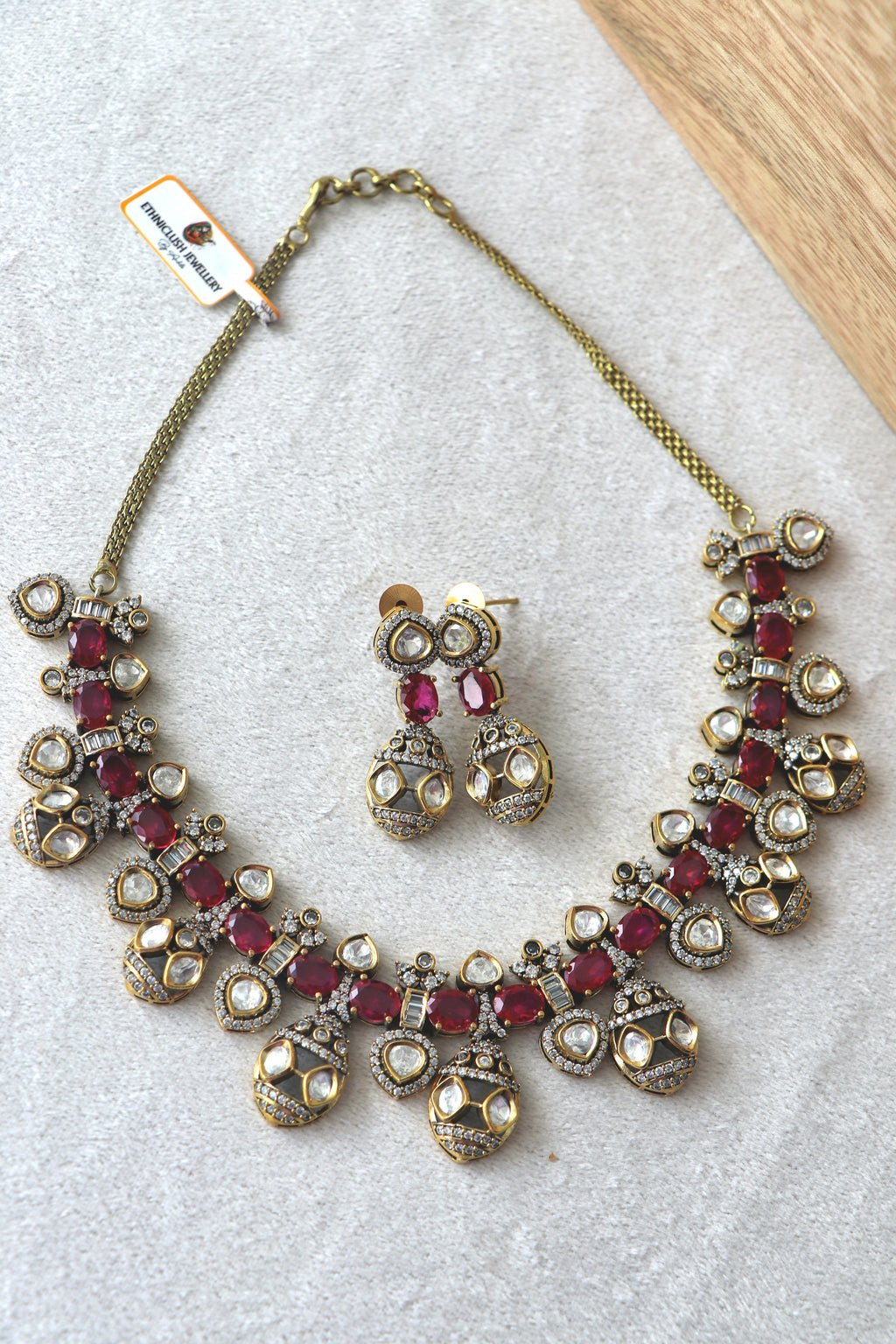 Ruby  Moissanite antique Necklace Earring Set
