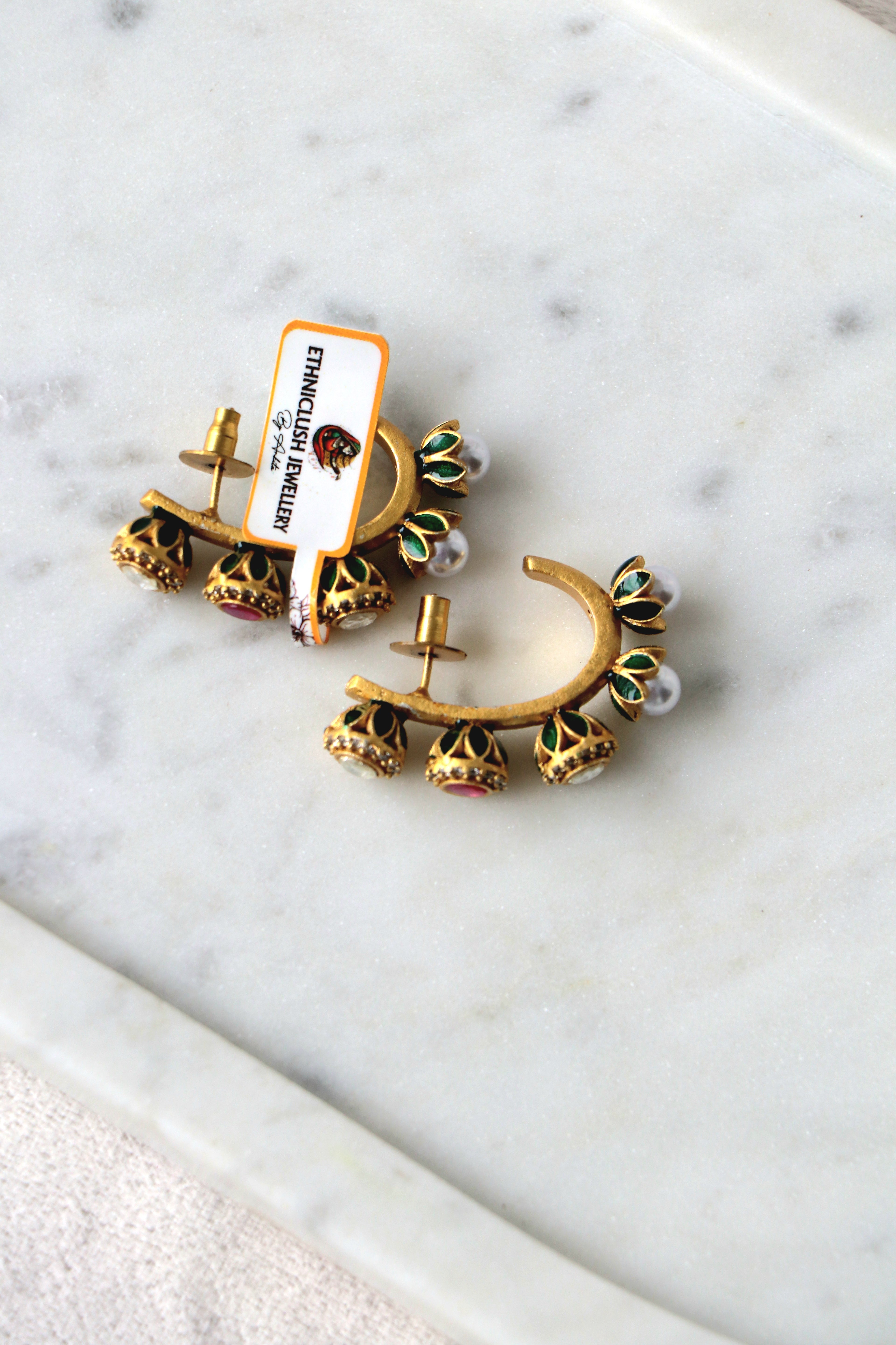 Ruby  Emerald Blossom Crescent Earrings