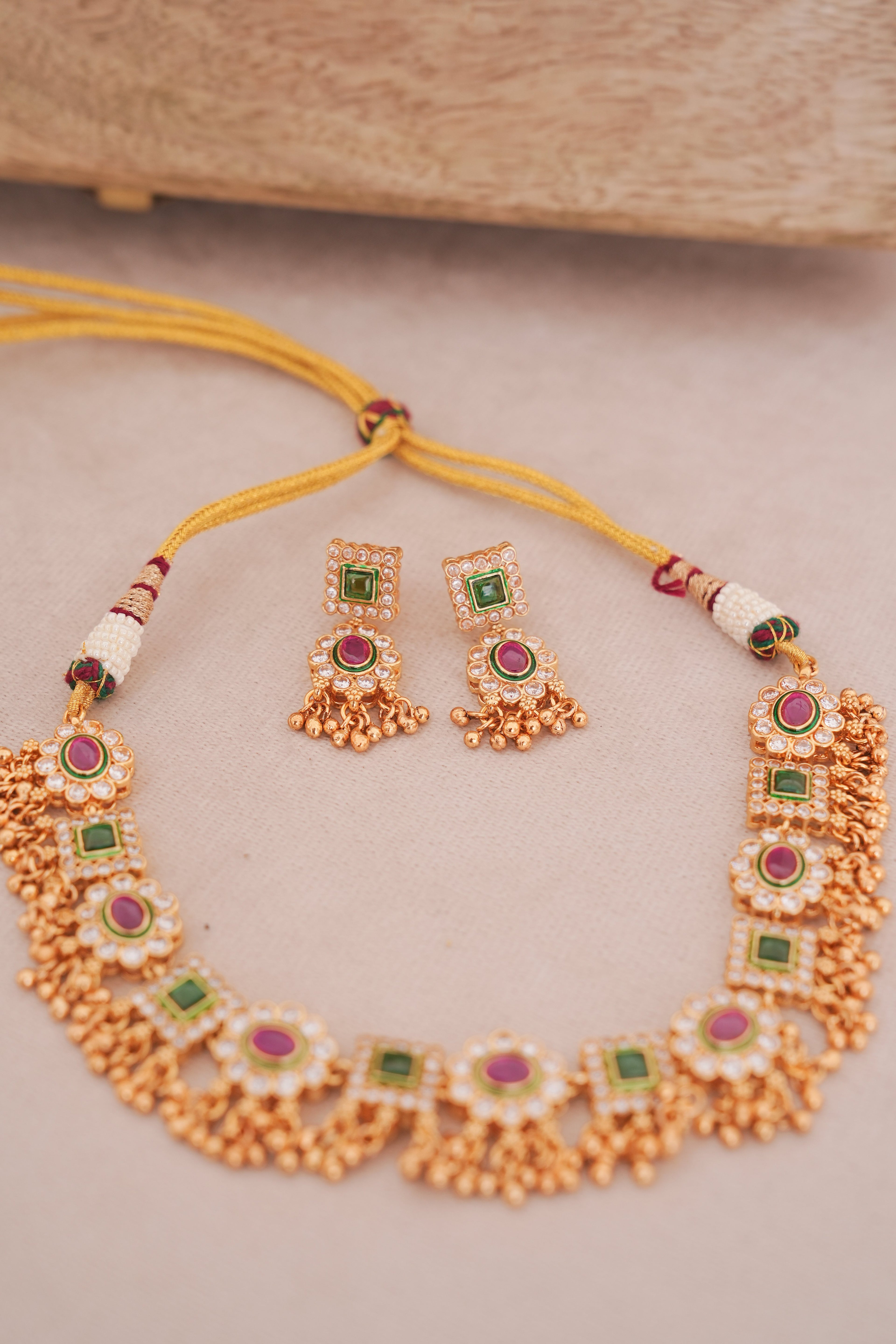 Regal Kundan Ruby Emerald Necklace Set