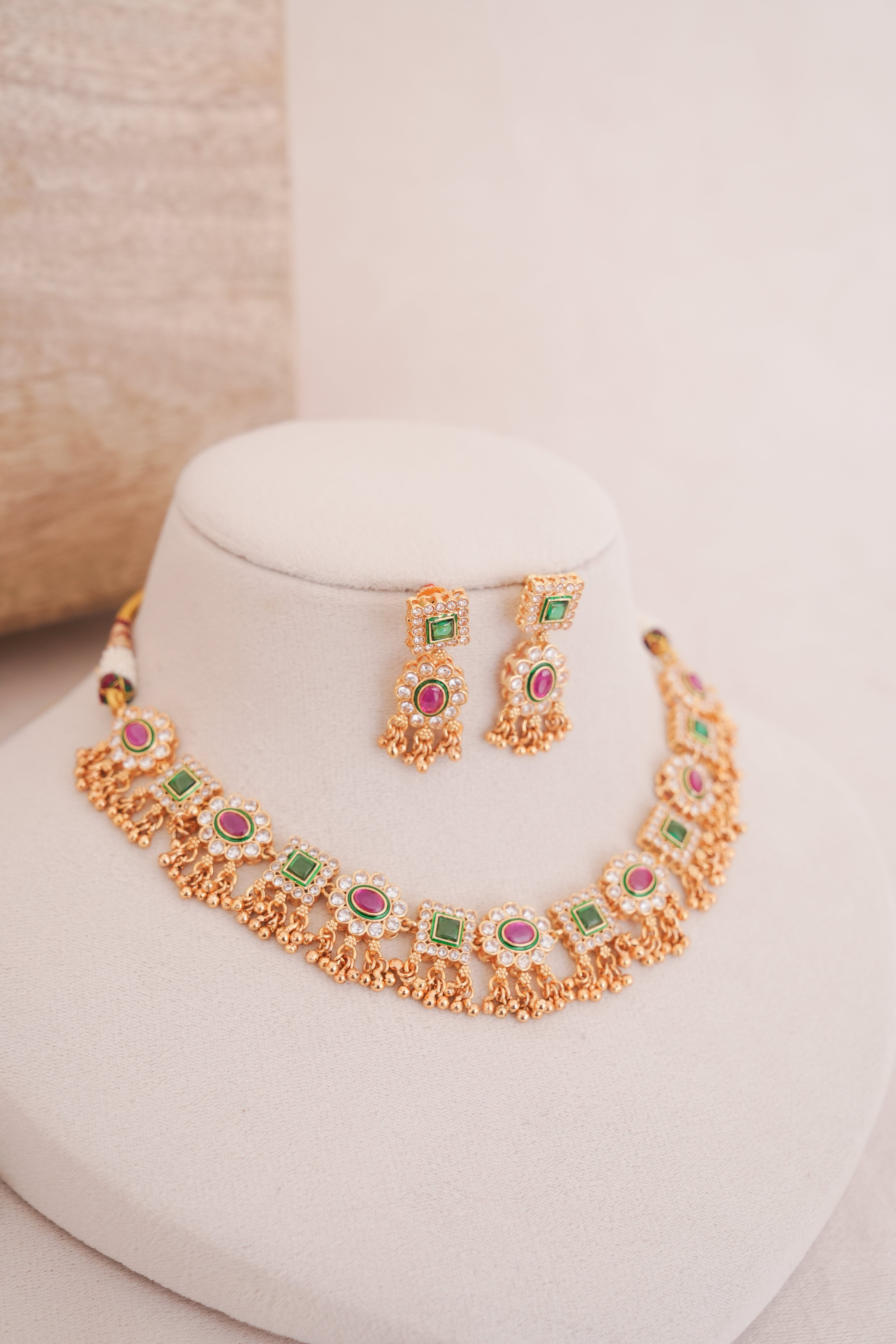 Regal Kundan Ruby Emerald Necklace Set