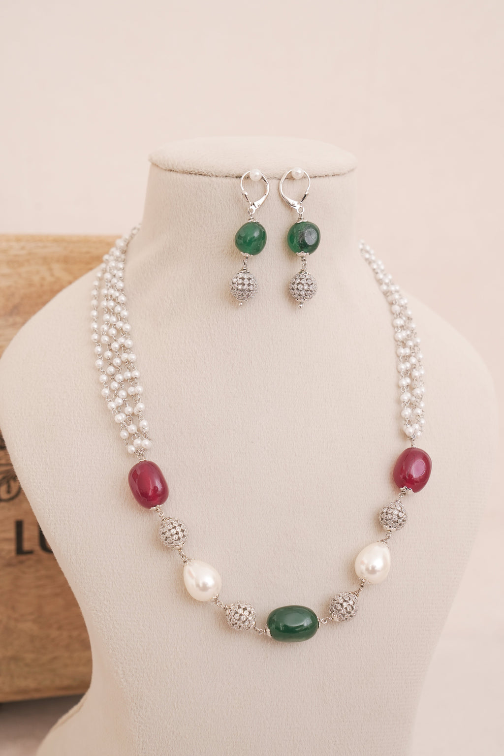 Pearl Cascade Necklace Set with Stones & Pearl accents