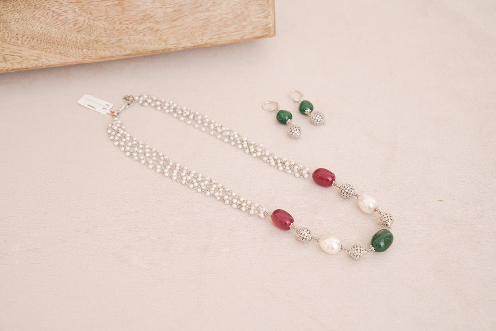 Pearl Cascade Necklace Set with Stones & Pearl accents