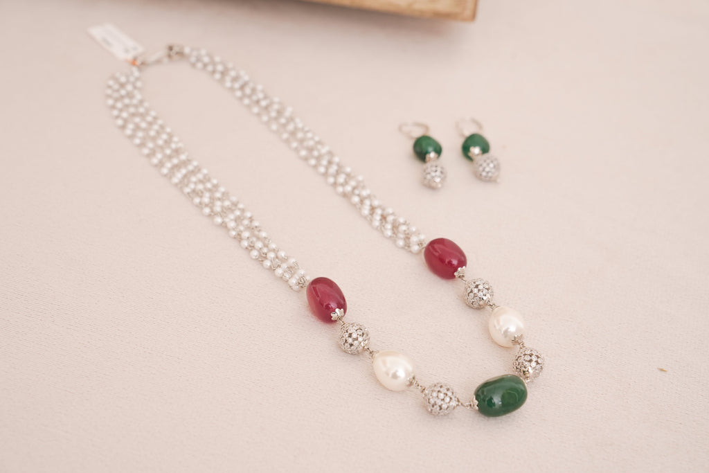 Pearl Cascade Necklace Set with Stones & Pearl accents