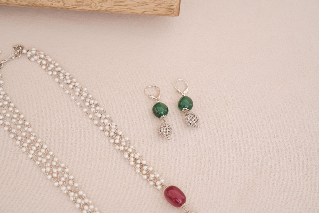 Pearl Cascade Necklace Set with Stones & Pearl accents