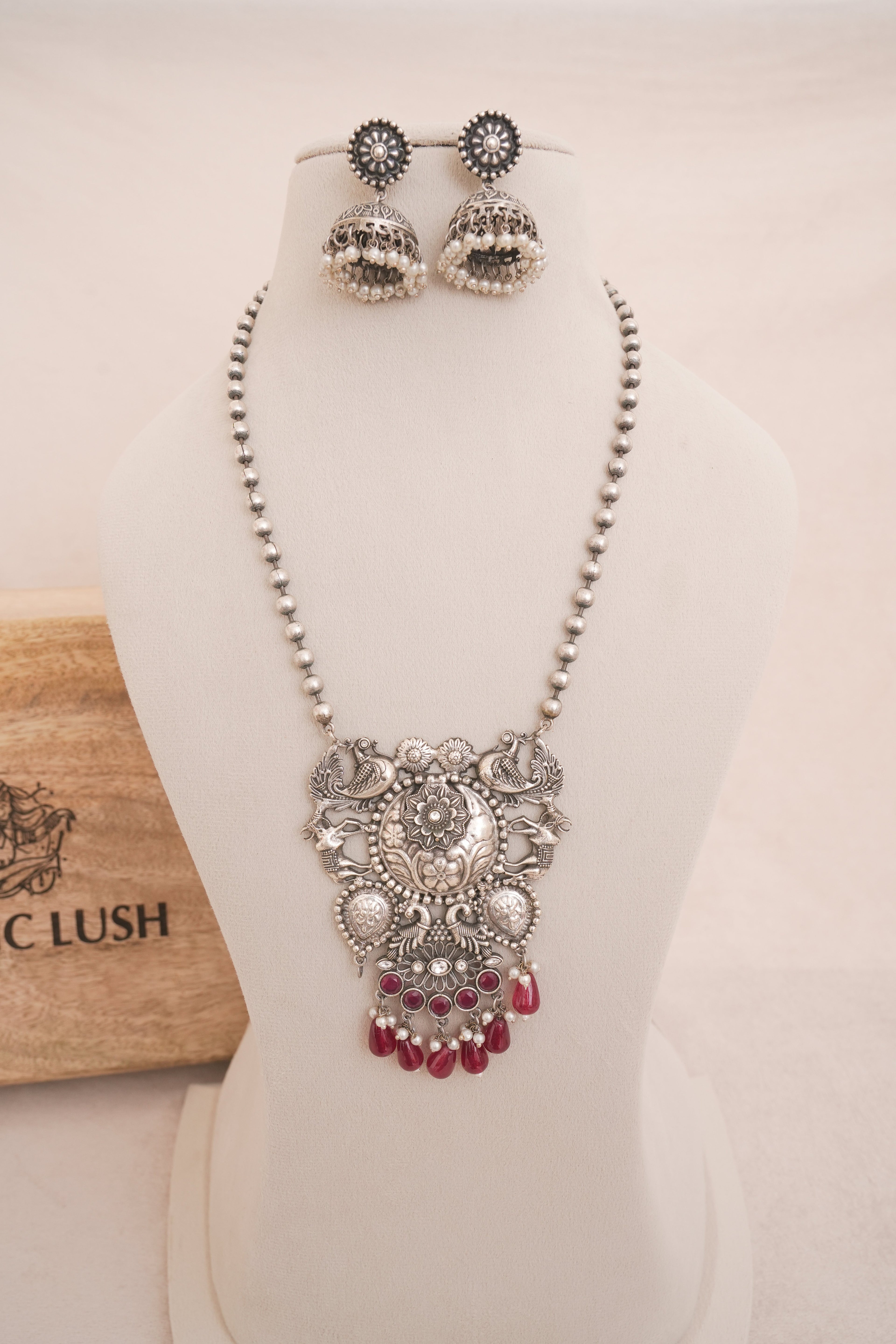 Oxidised Silver Peacock Necklace Set