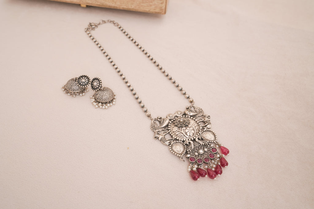 Oxidised Silver Peacock Necklace Set
