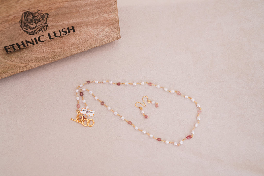 Minimalist Pearl & Pink Stone Long Necklace with Earrings