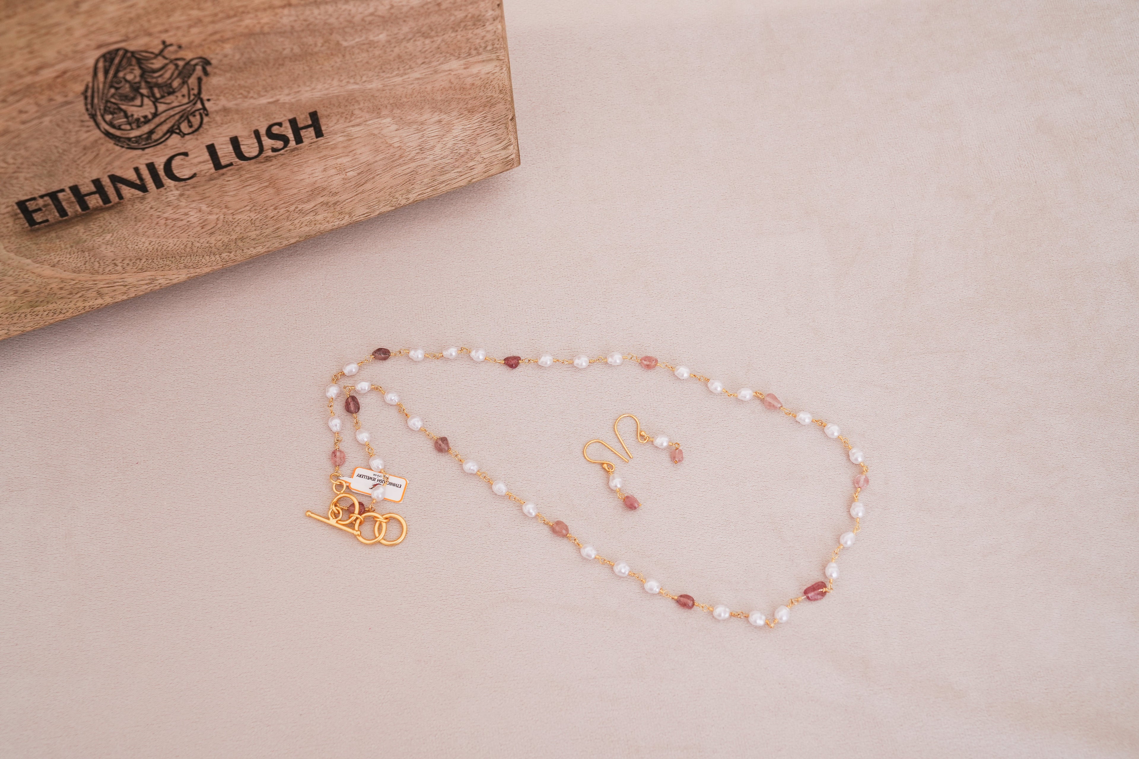 Minimalist Pearl & Pink Stone Long Necklace with Earrings