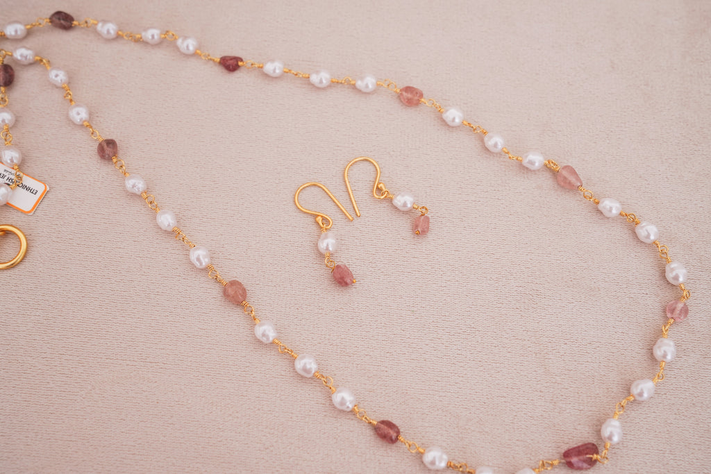 Minimalist Pearl & Pink Stone Long Necklace with Earrings