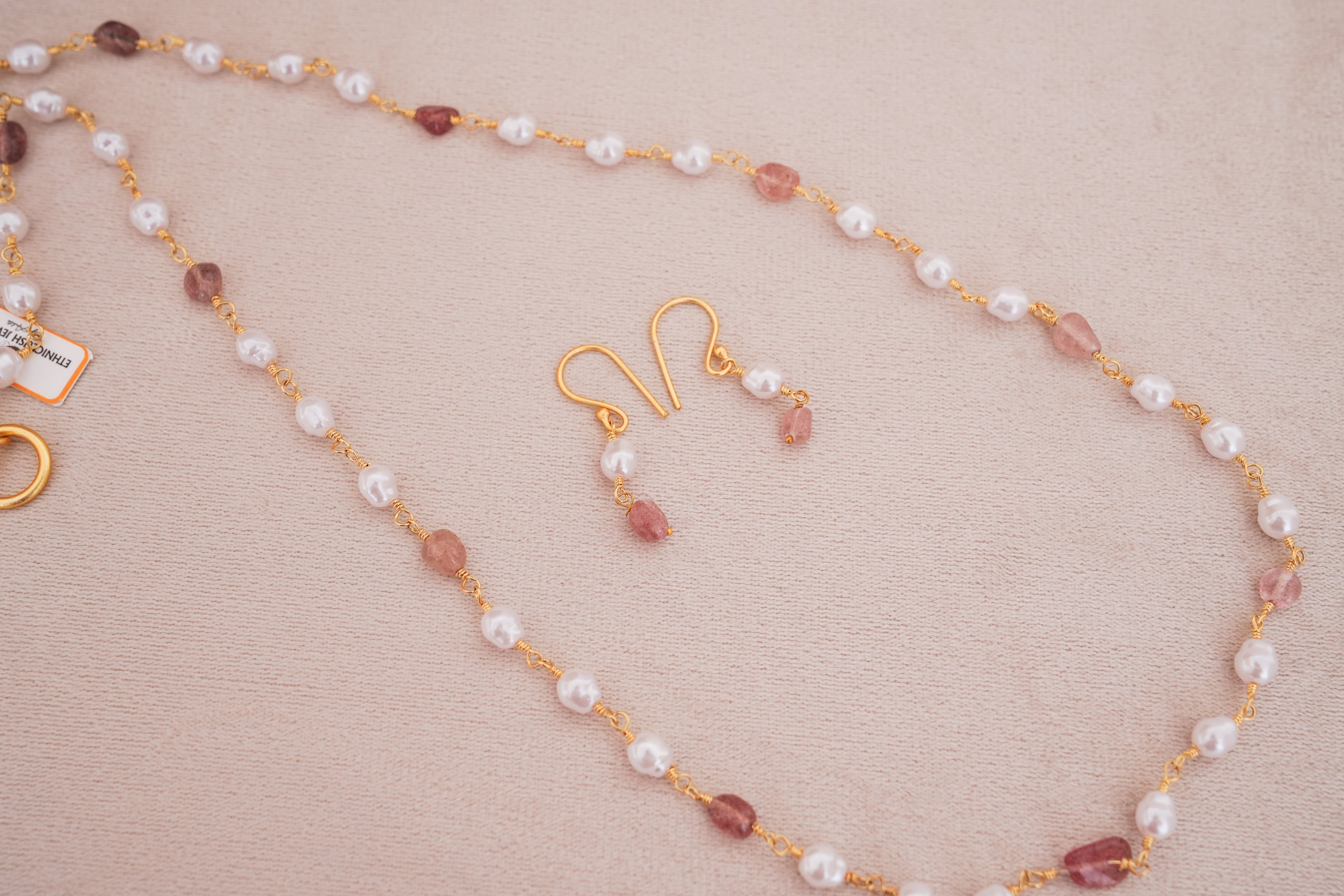 Minimalist Pearl & Pink Stone Long Necklace with Earrings