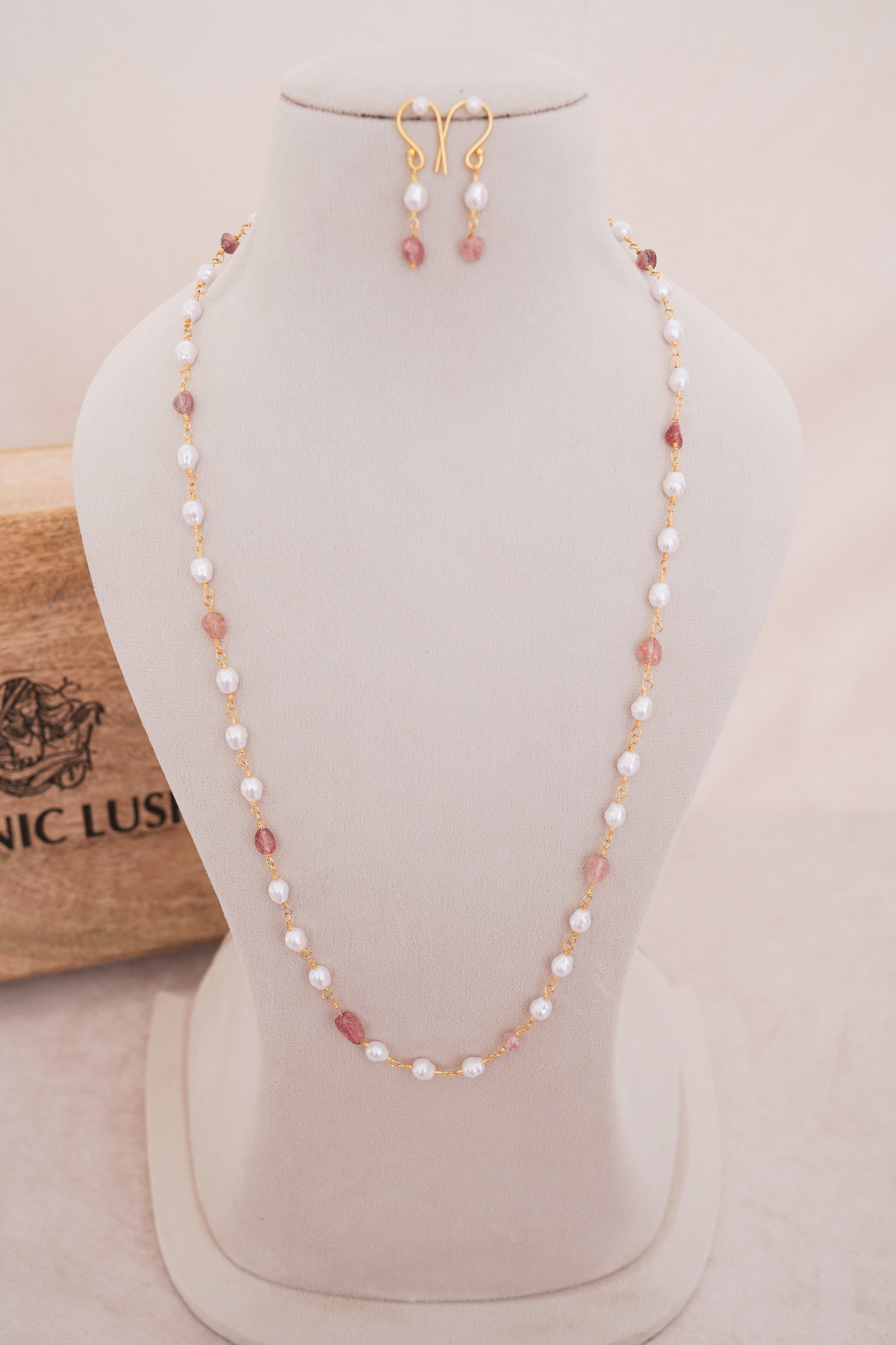 Minimalist Pearl & Pink Stone Long Necklace with Earrings