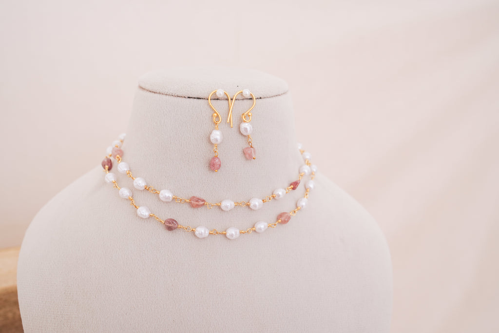 Minimalist Pearl & Pink Stone Long Necklace with Earrings