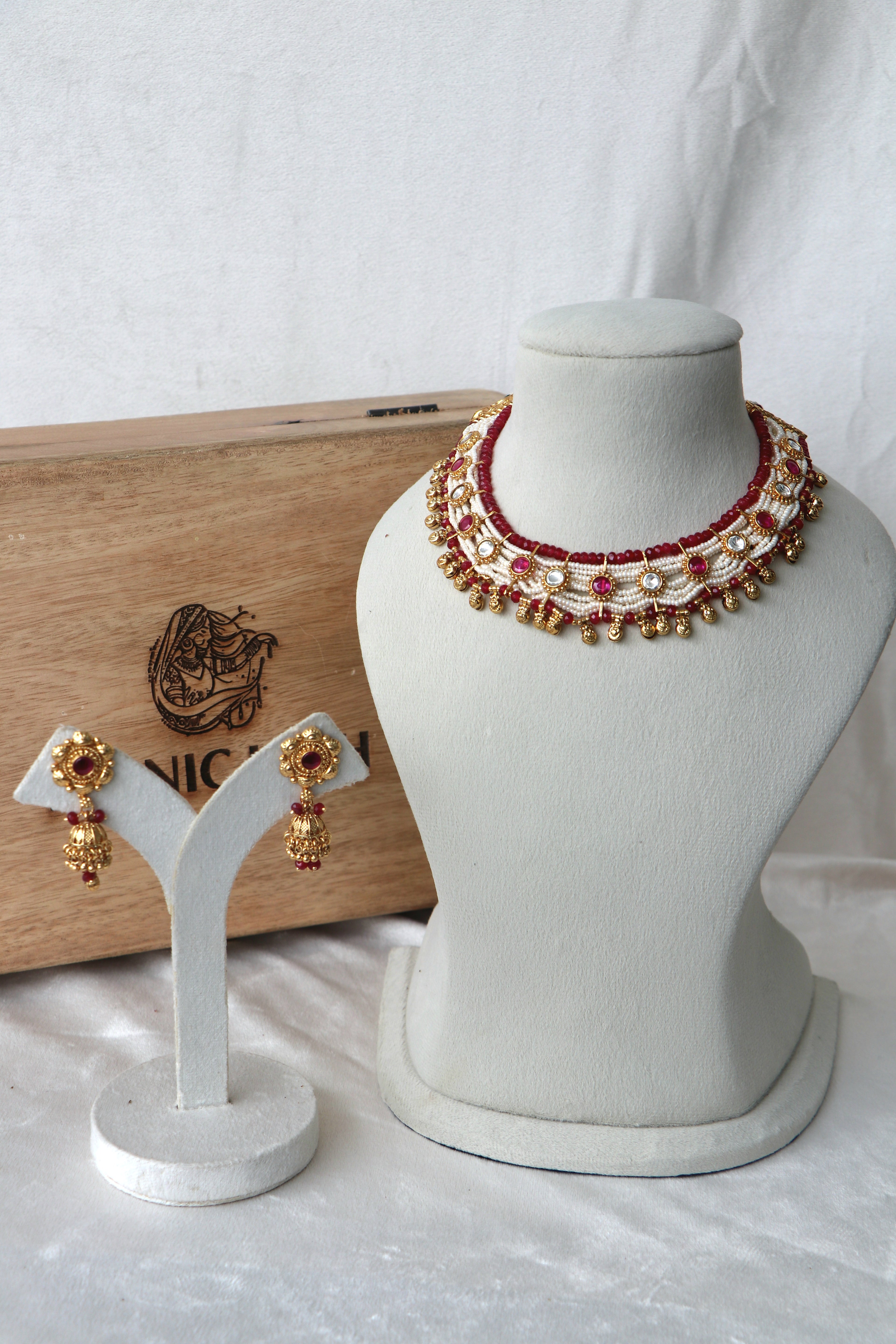 Ruby  Pearl Kundan Piroyi Choker Set With Earrings