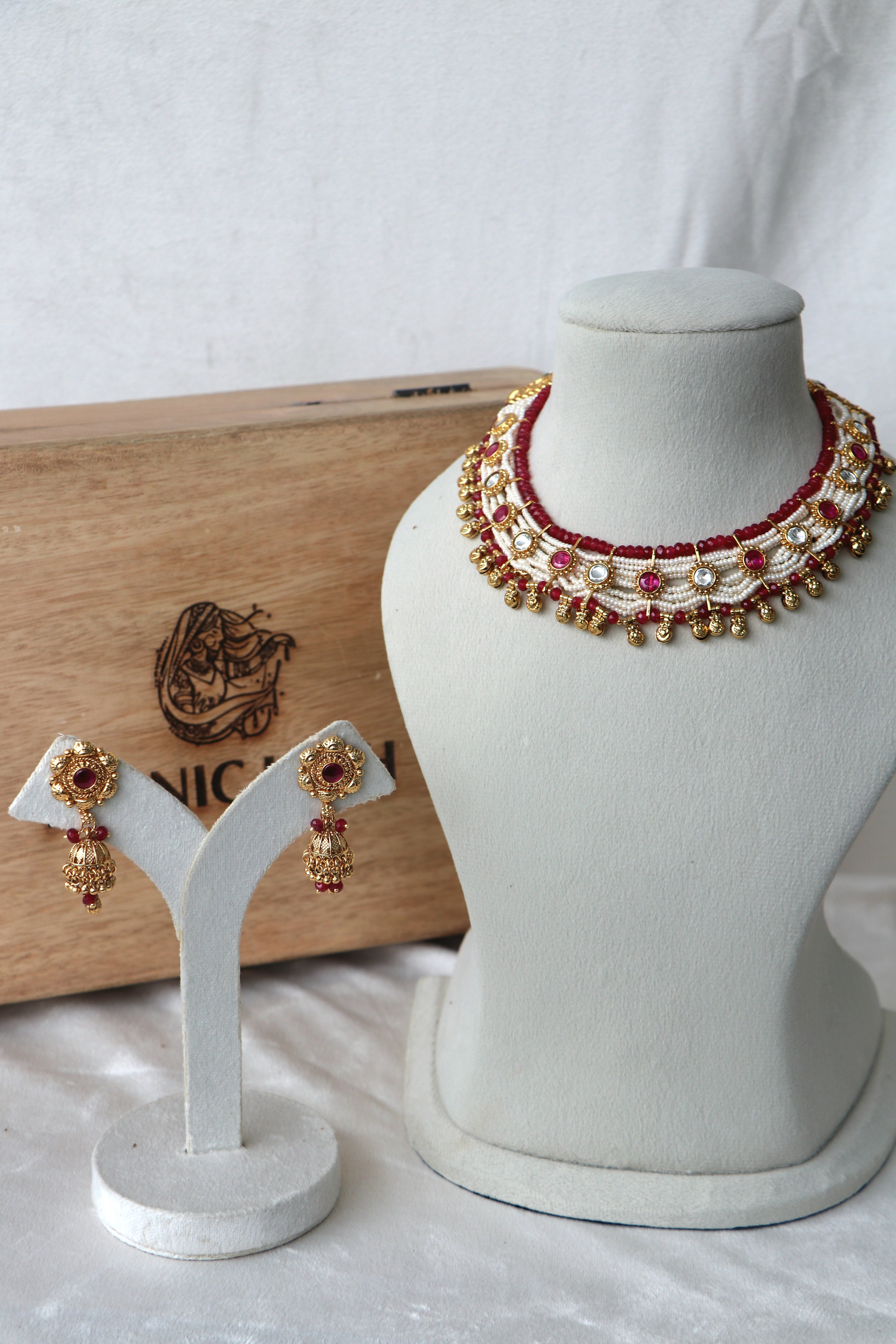 Ruby  Pearl Kundan Piroyi Choker Set With Earrings