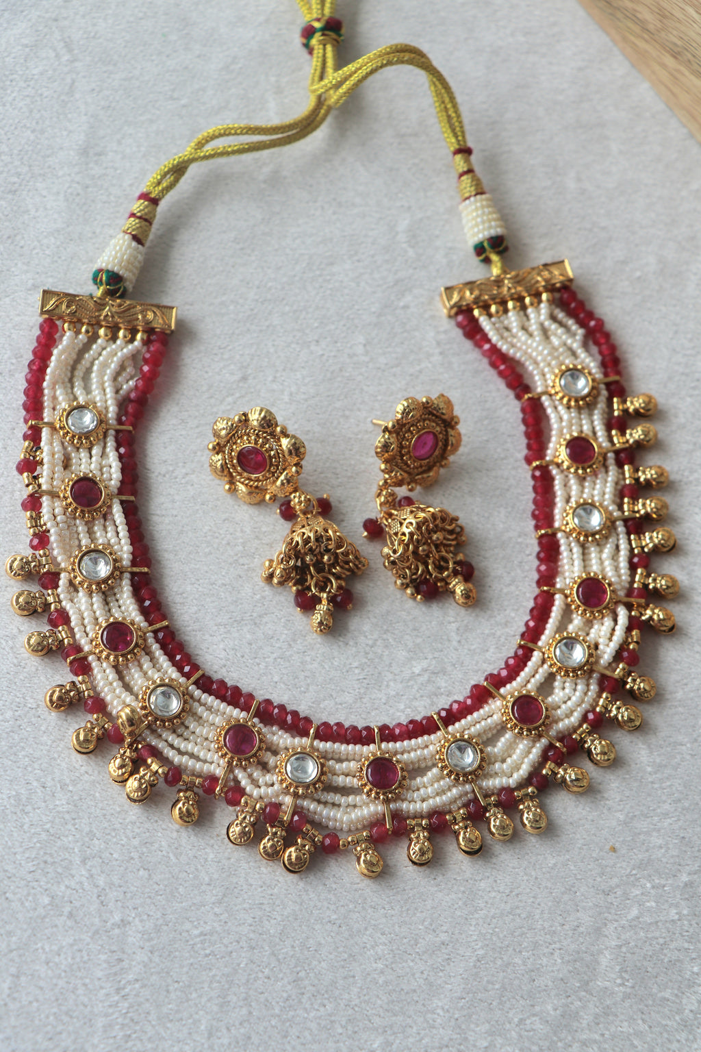 Ruby  Pearl Kundan Piroyi Choker Set With Earrings