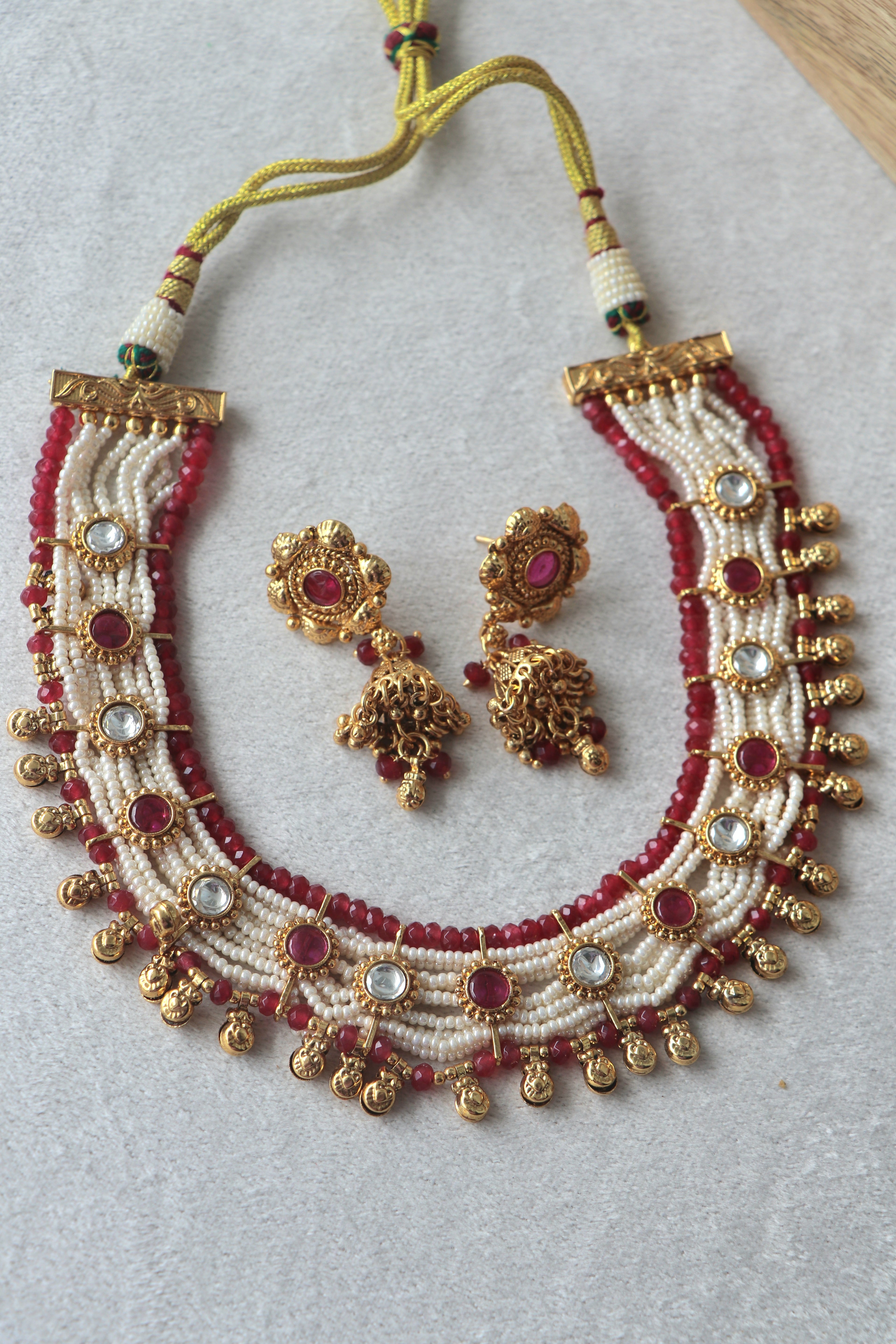 Ruby  Pearl Kundan Piroyi Choker Set With Earrings