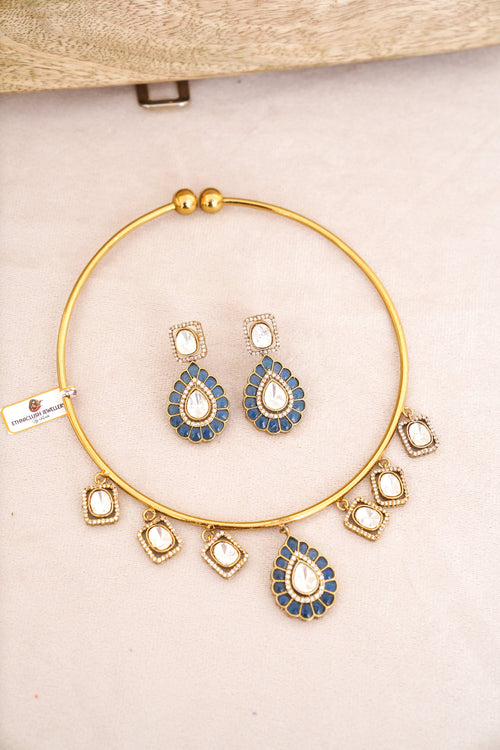 Blue Enamel Polki Hasli Necklace Set with Statement Earrings