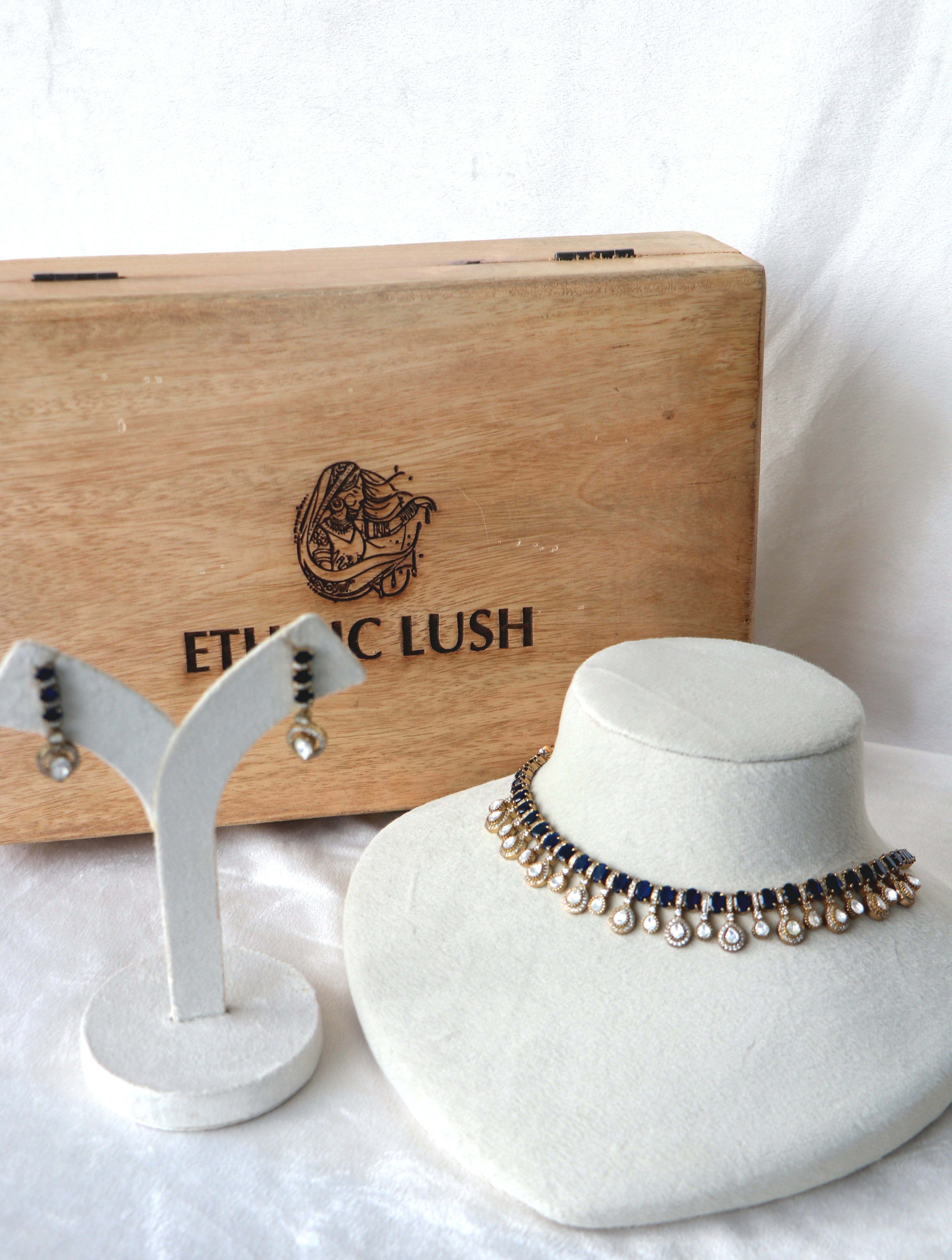 Moissanite & Blue Stone Gold Necklace Set