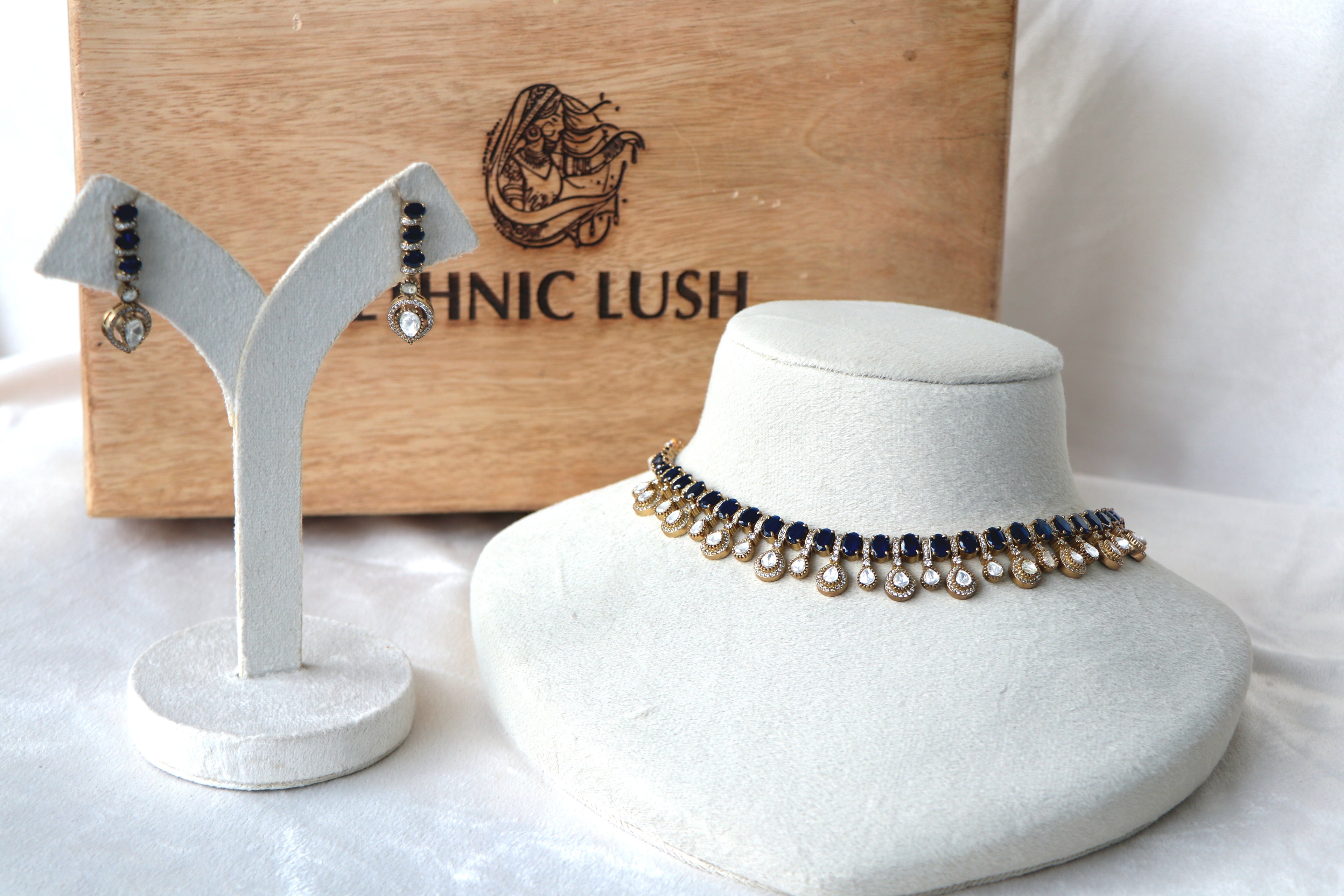 Moissanite & Blue Stone Gold Necklace Set
