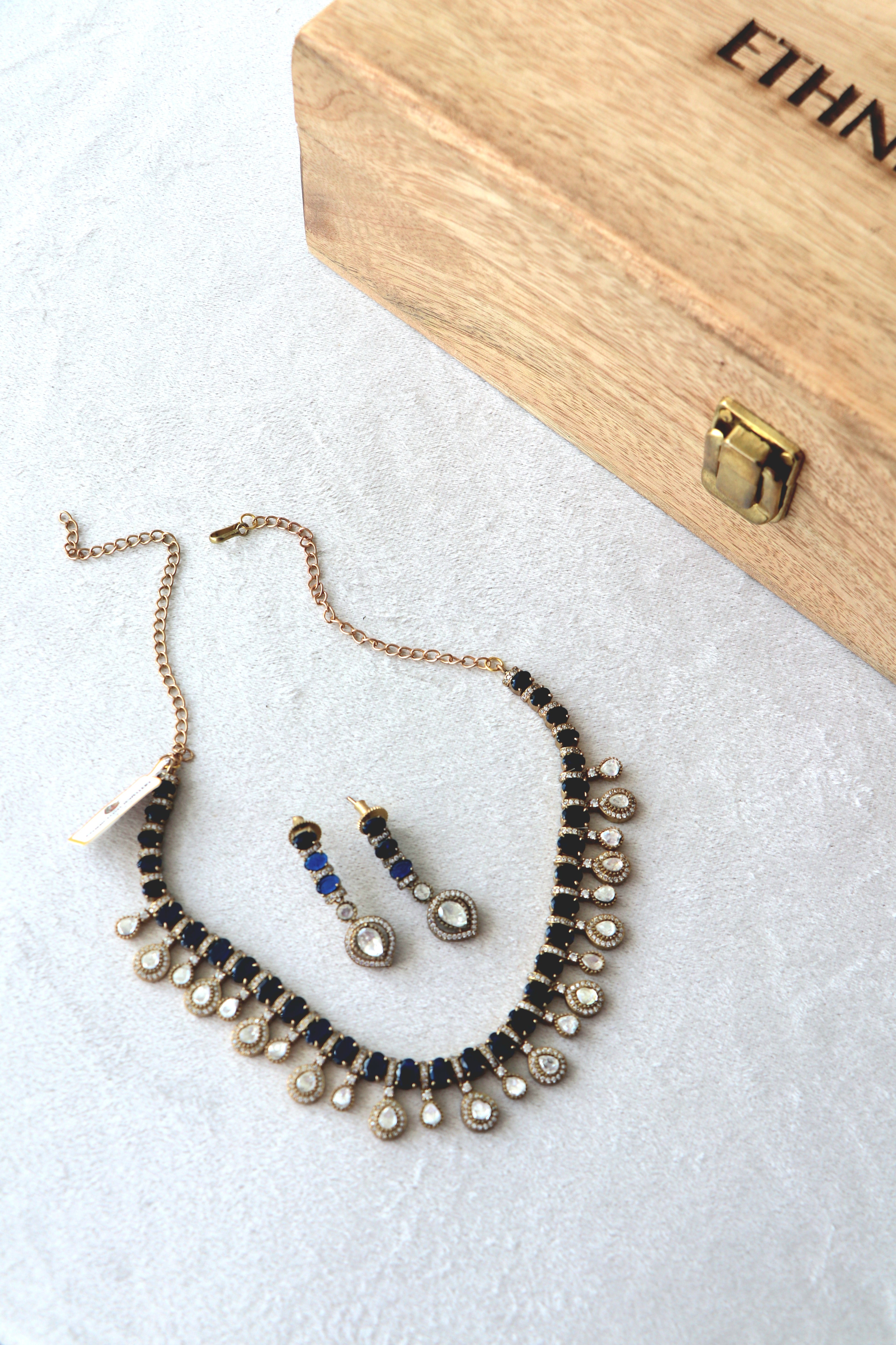 Moissanite & Blue Stone Gold Necklace Set