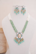 Handcrafted Green Onyx & Pearl Strand Pendant Necklace & Earrings Set