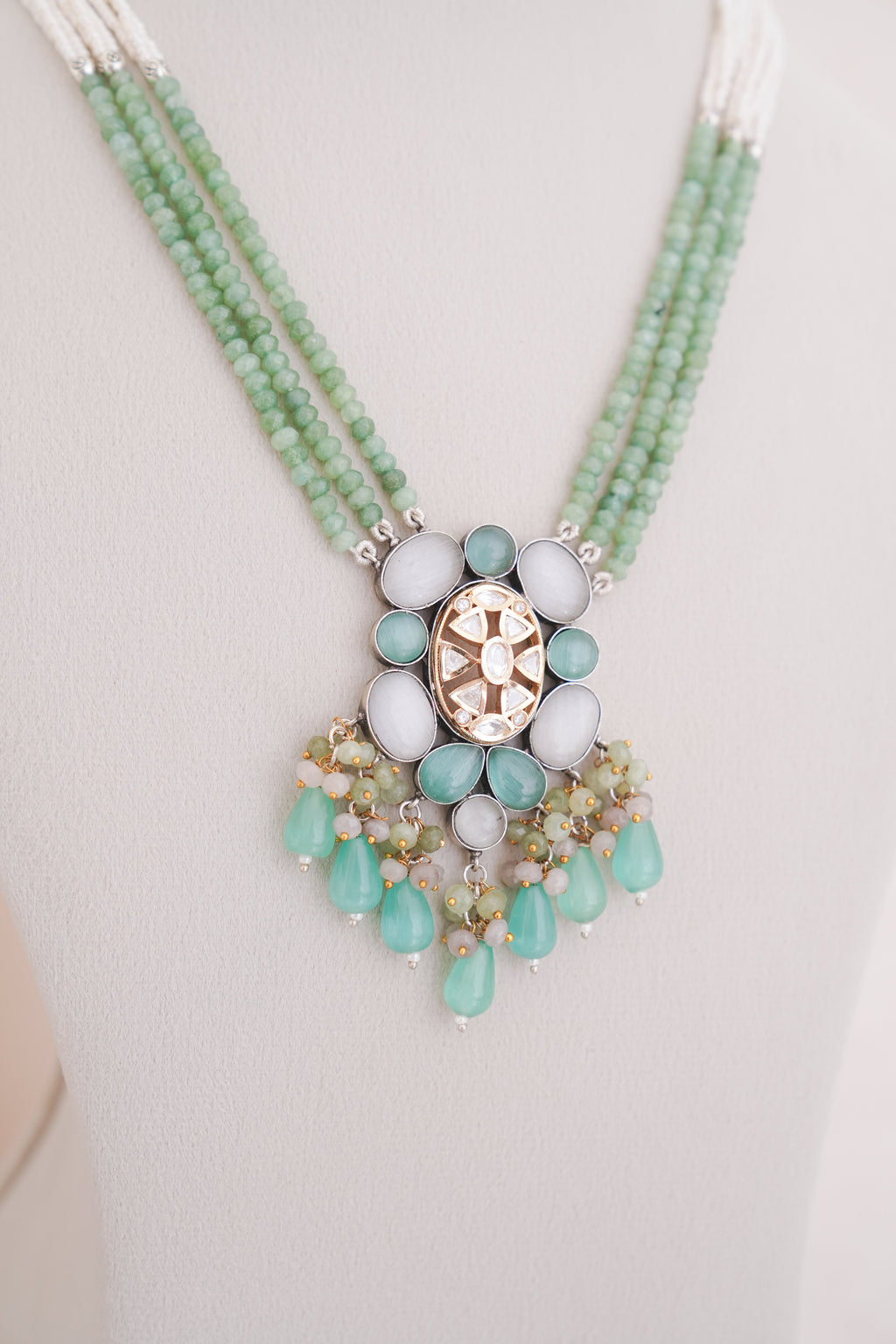 Handcrafted Green Onyx & Pearl Strand Pendant Necklace & Earrings Set