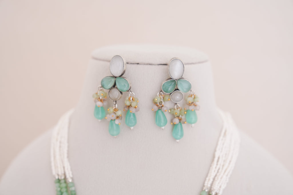 Handcrafted Green Onyx & Pearl Strand Pendant Necklace & Earrings Set