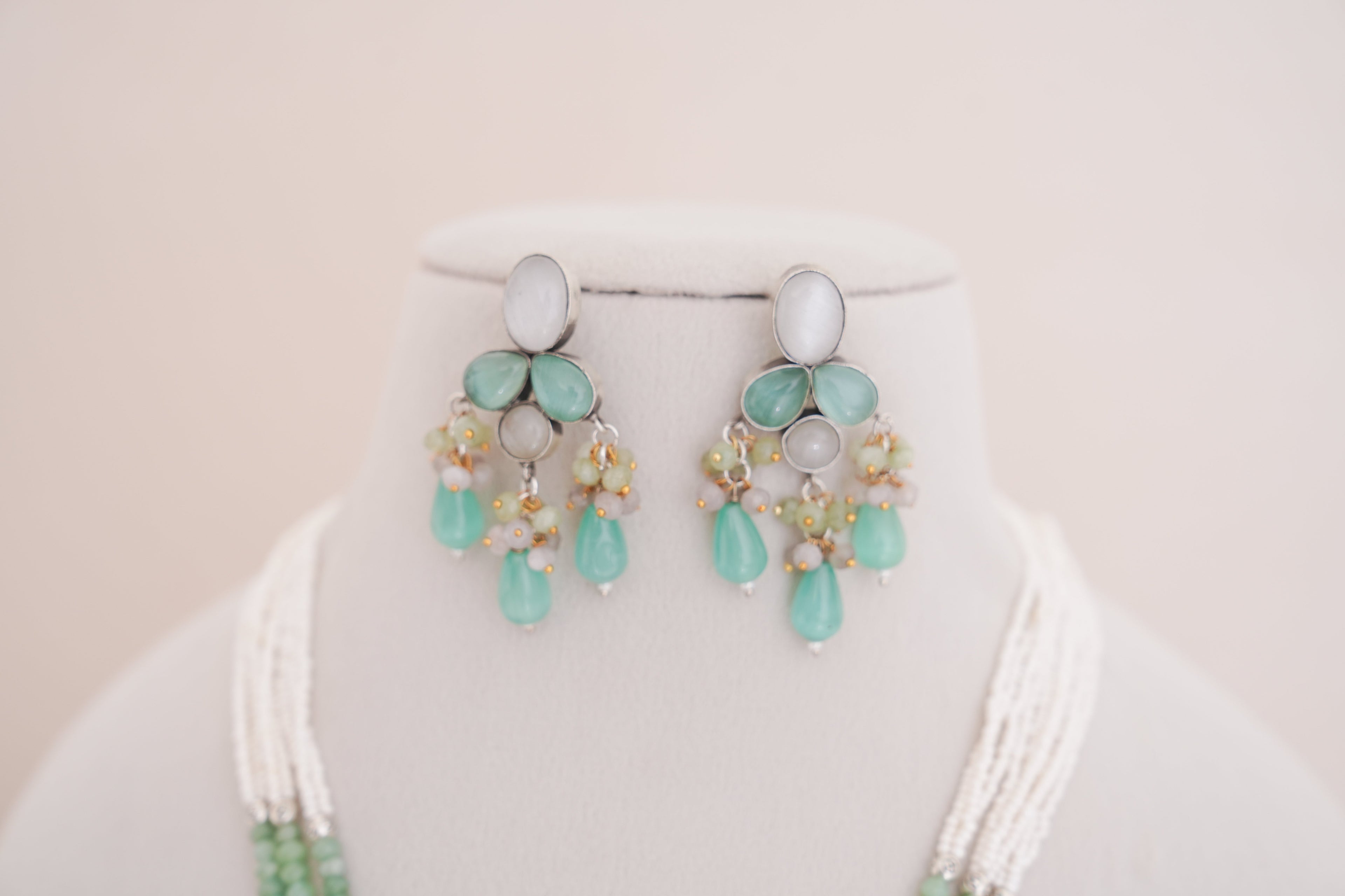 Handcrafted Green Onyx & Pearl Strand Pendant Necklace & Earrings Set