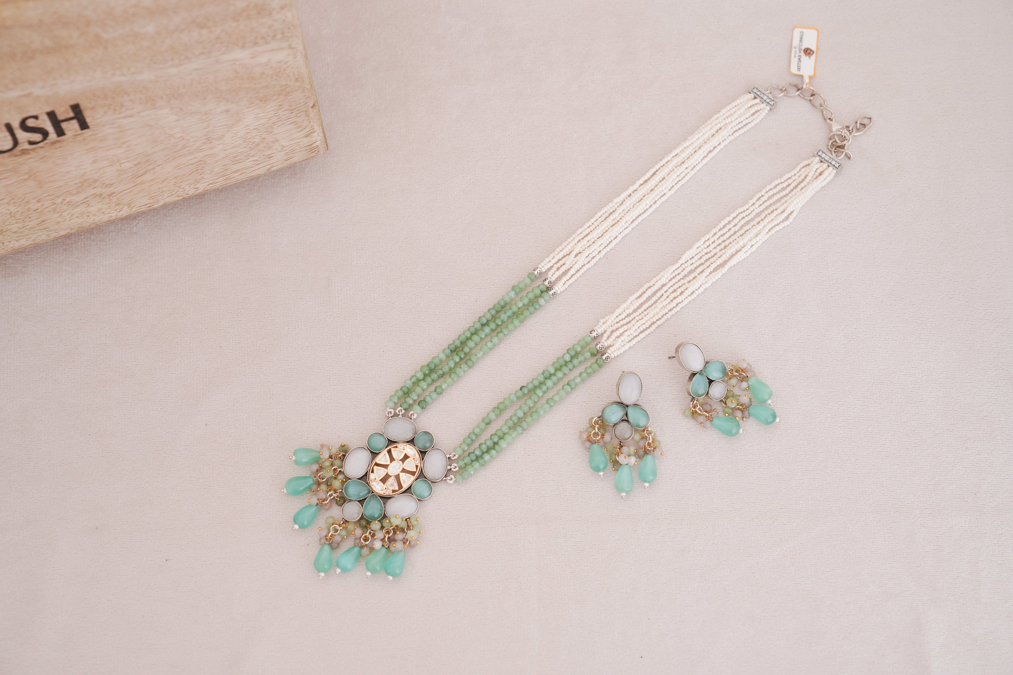 Handcrafted Green Onyx & Pearl Strand Pendant Necklace & Earrings Set