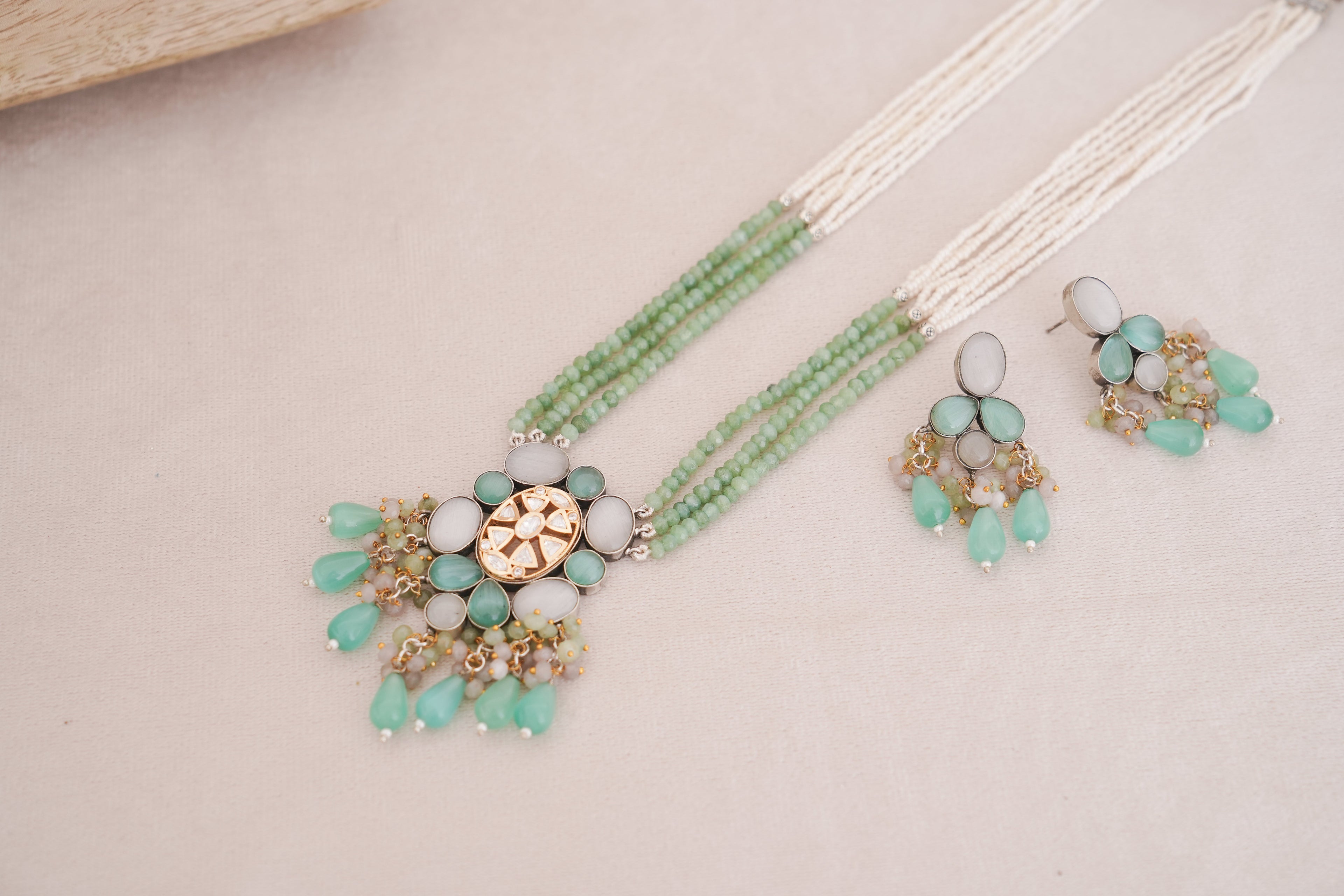 Handcrafted Green Onyx & Pearl Strand Pendant Necklace & Earrings Set