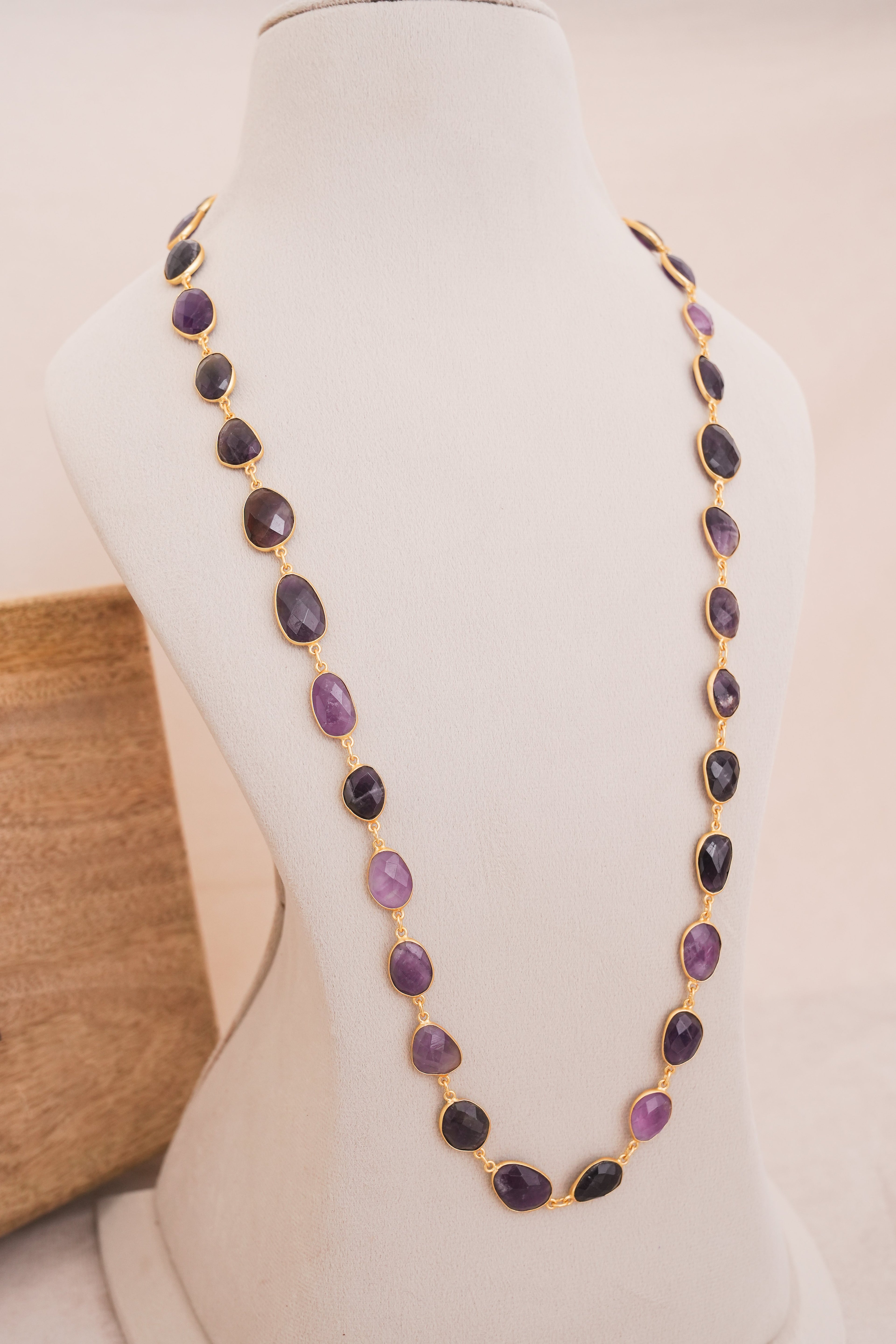 Natural Gemstone Bezel Station Necklace | Gold Finish | Multiple Stone Variants