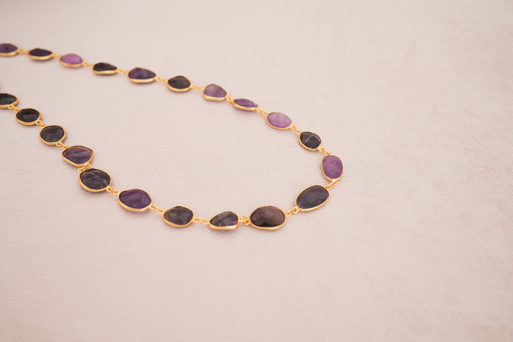 Natural Gemstone Bezel Station Necklace | Gold Finish | Multiple Stone Variants