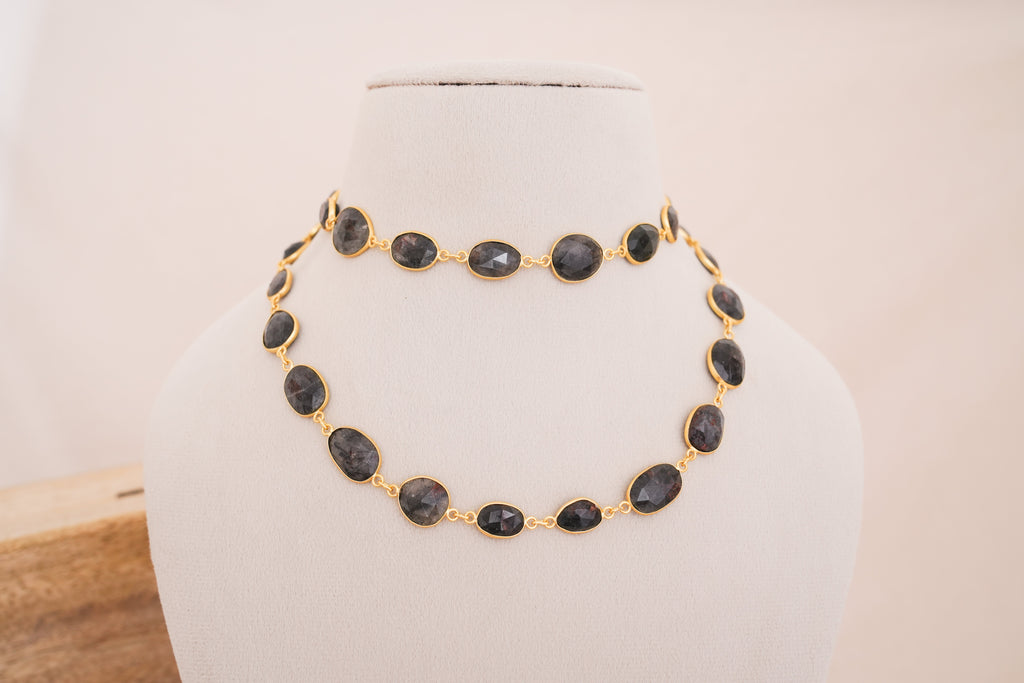Natural Gemstone Bezel Station Necklace | Gold Finish | Multiple Stone Variants